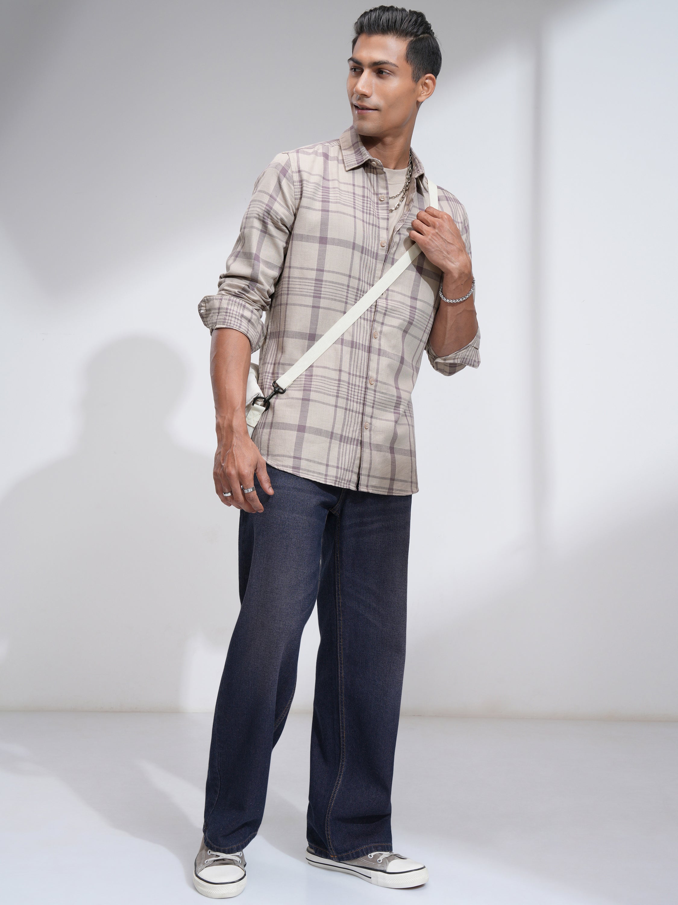 Highlander Men Beige Checked Slim Fit Casual Shirt - Beige - Image 2