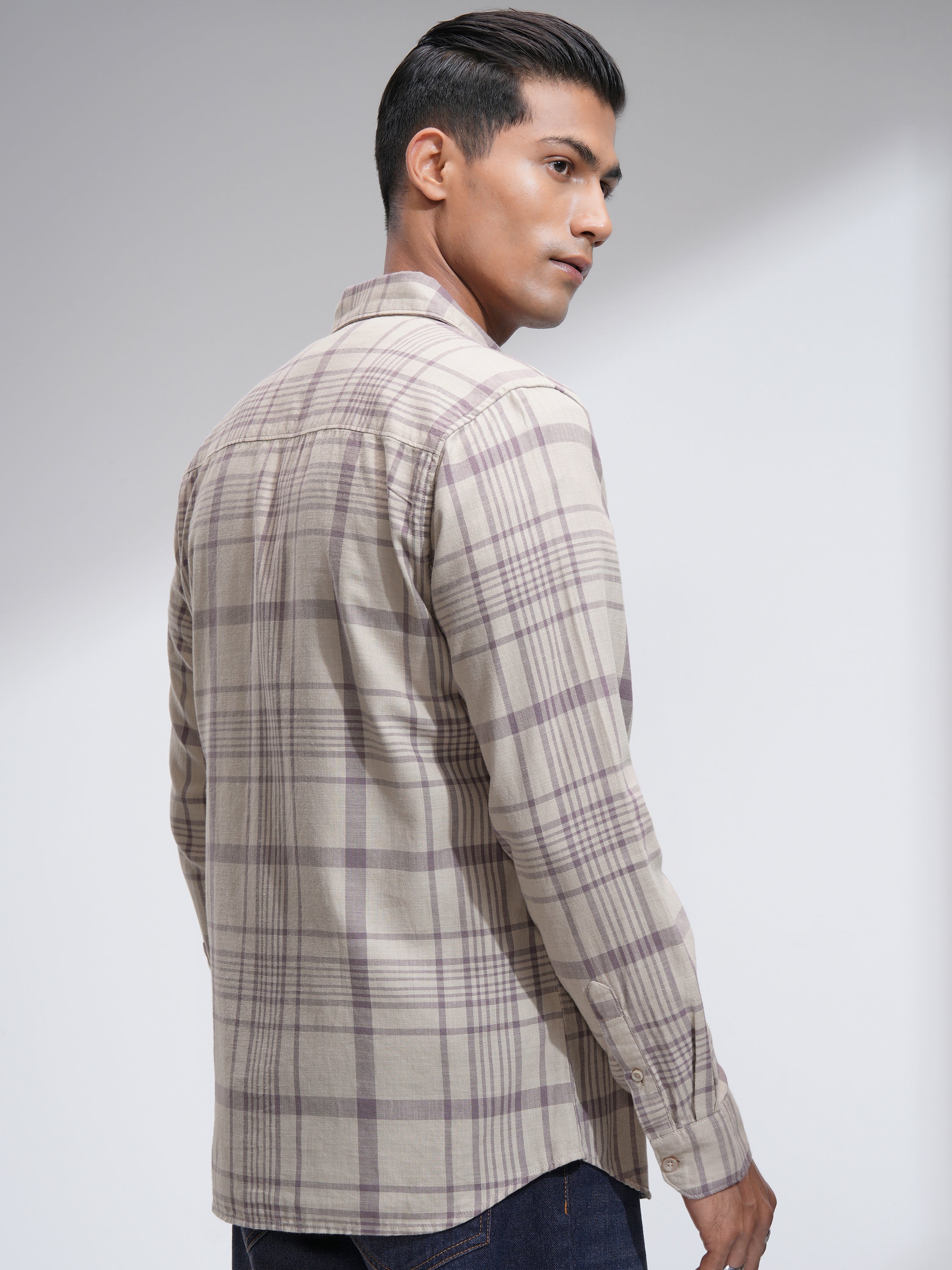 Highlander Men Beige Checked Slim Fit Casual Shirt - Beige - Image 3