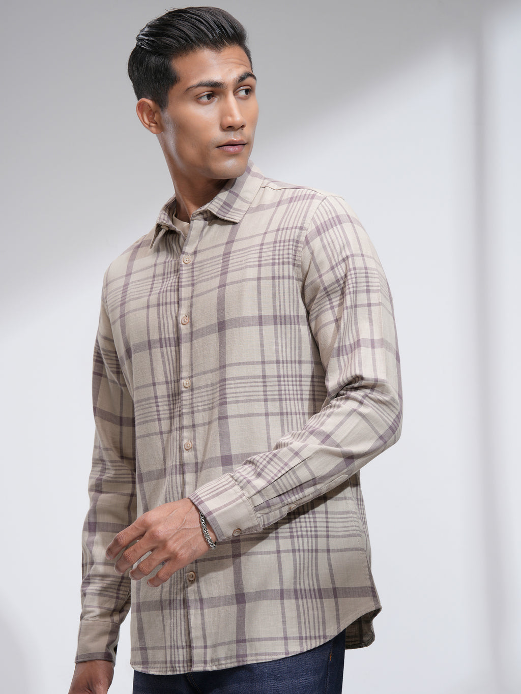 Highlander Men Beige Checked Slim Fit Casual Shirt - Beige - Image 4