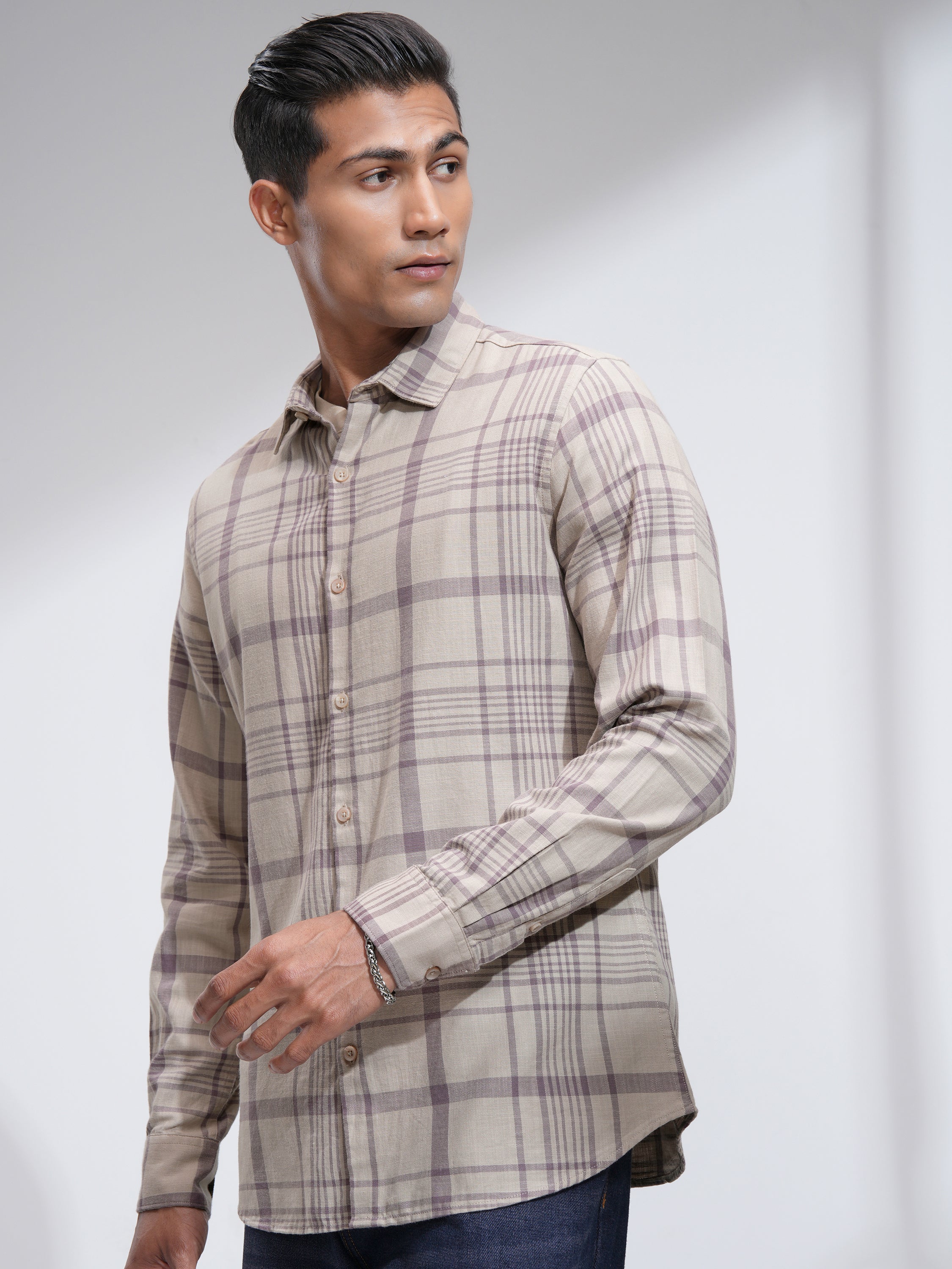 Highlander Men Beige Checked Slim Fit Casual Shirt - Beige - Image 4