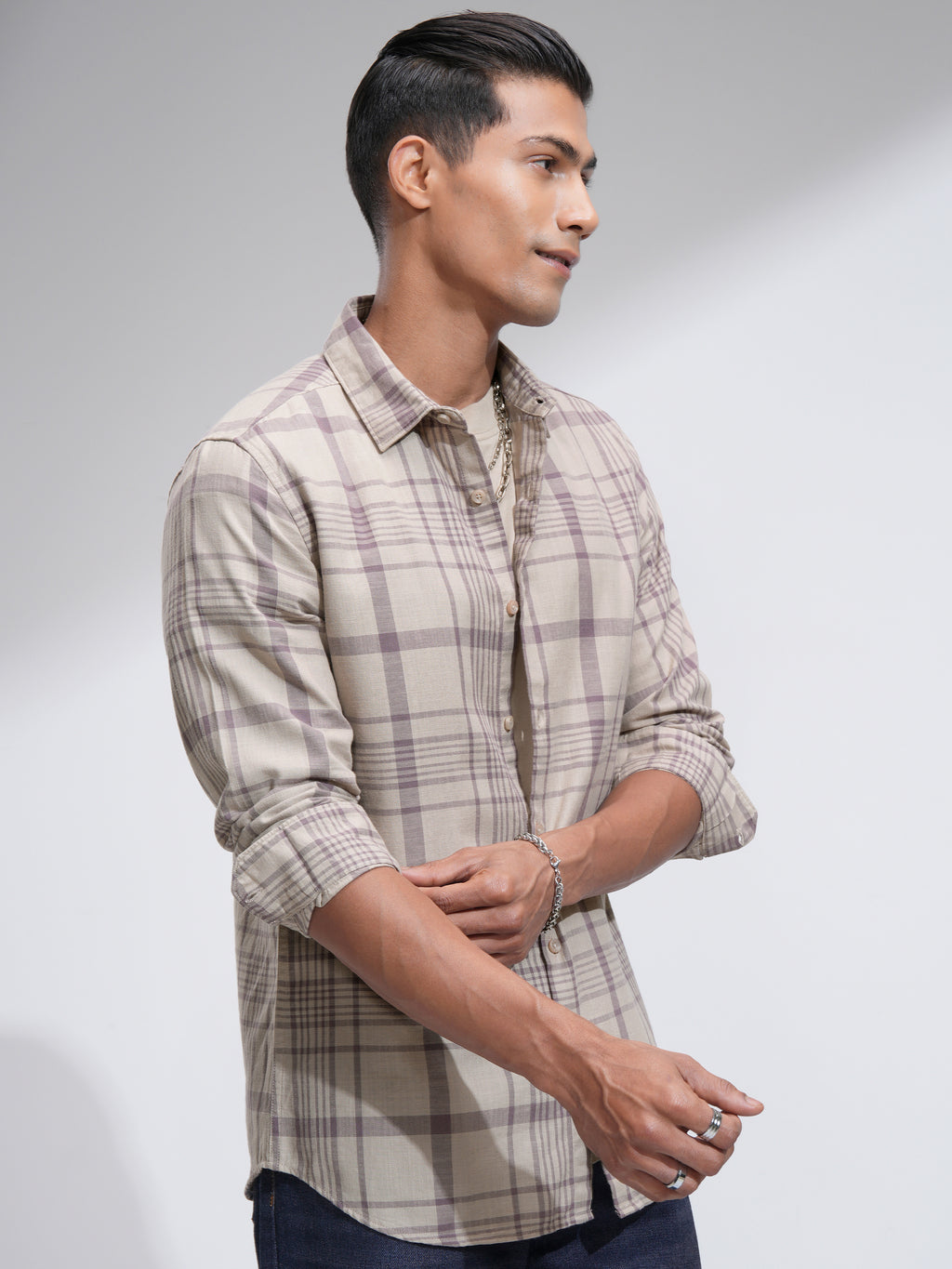 Highlander Men Beige Checked Slim Fit Casual Shirt - Beige - Image 6