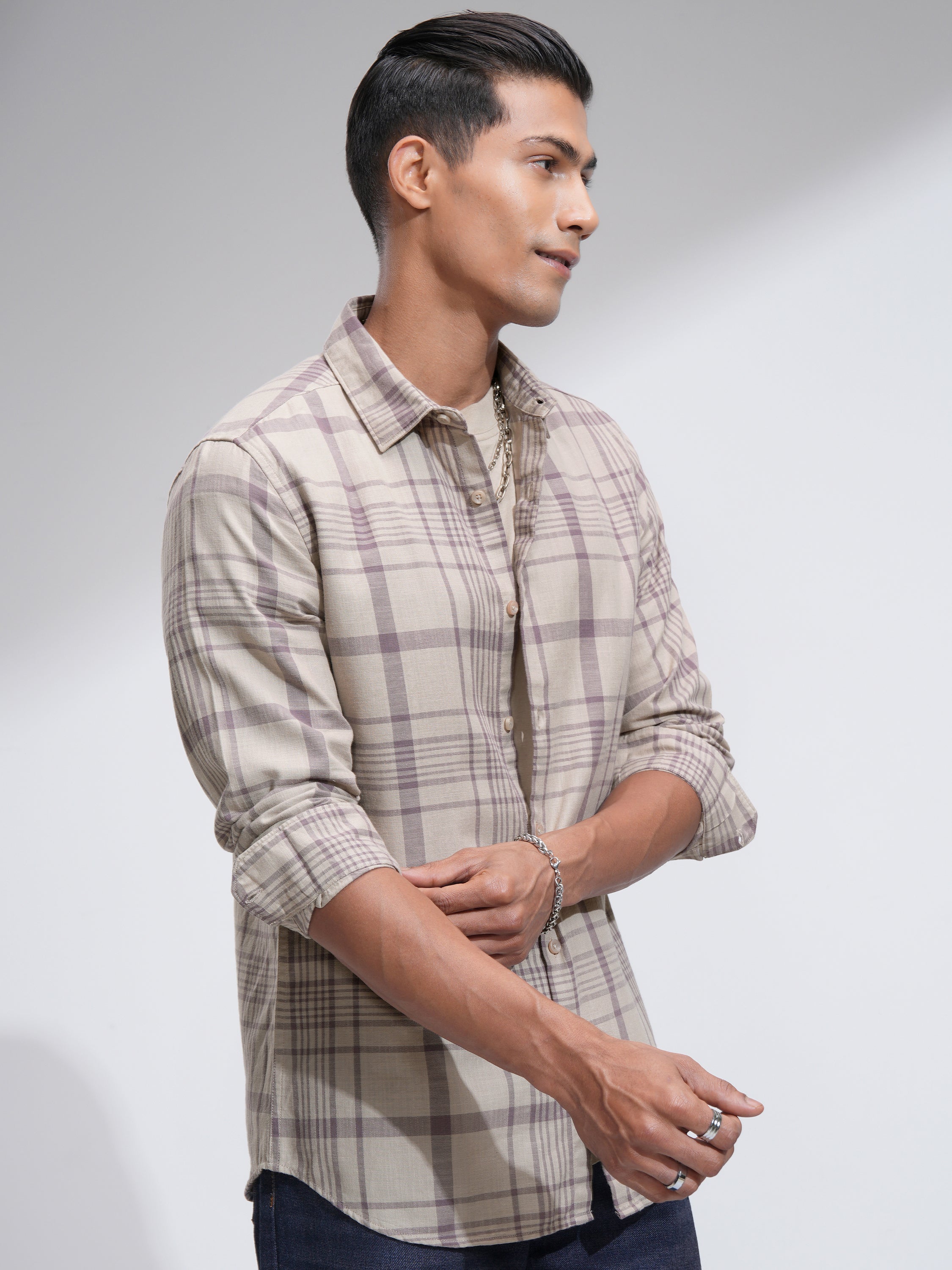 Highlander Men Beige Checked Slim Fit Casual Shirt - Beige - Image 6