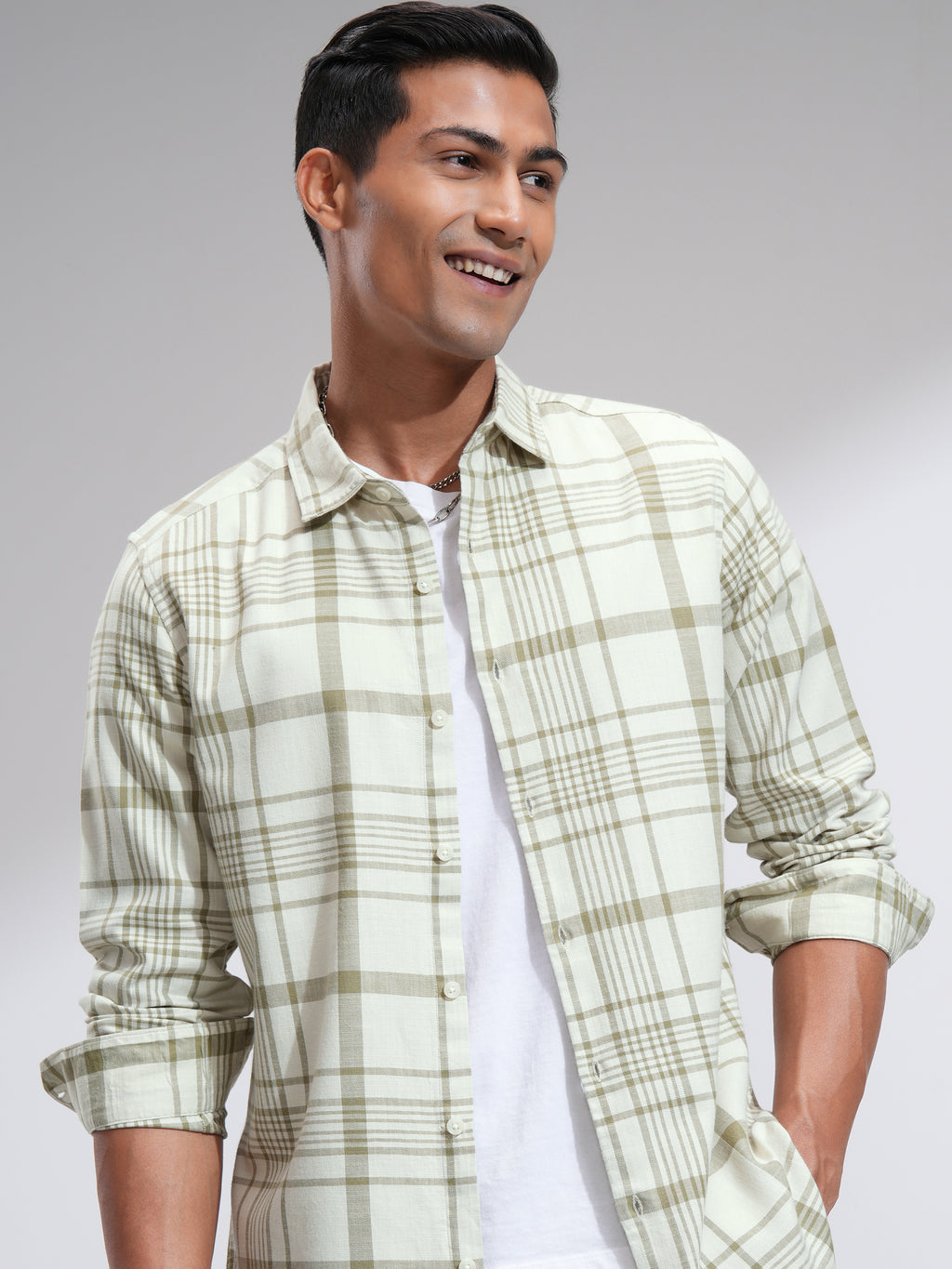 Highlander Men Cream Checked Slim Fit Casual Shirt - Cream - Image 1