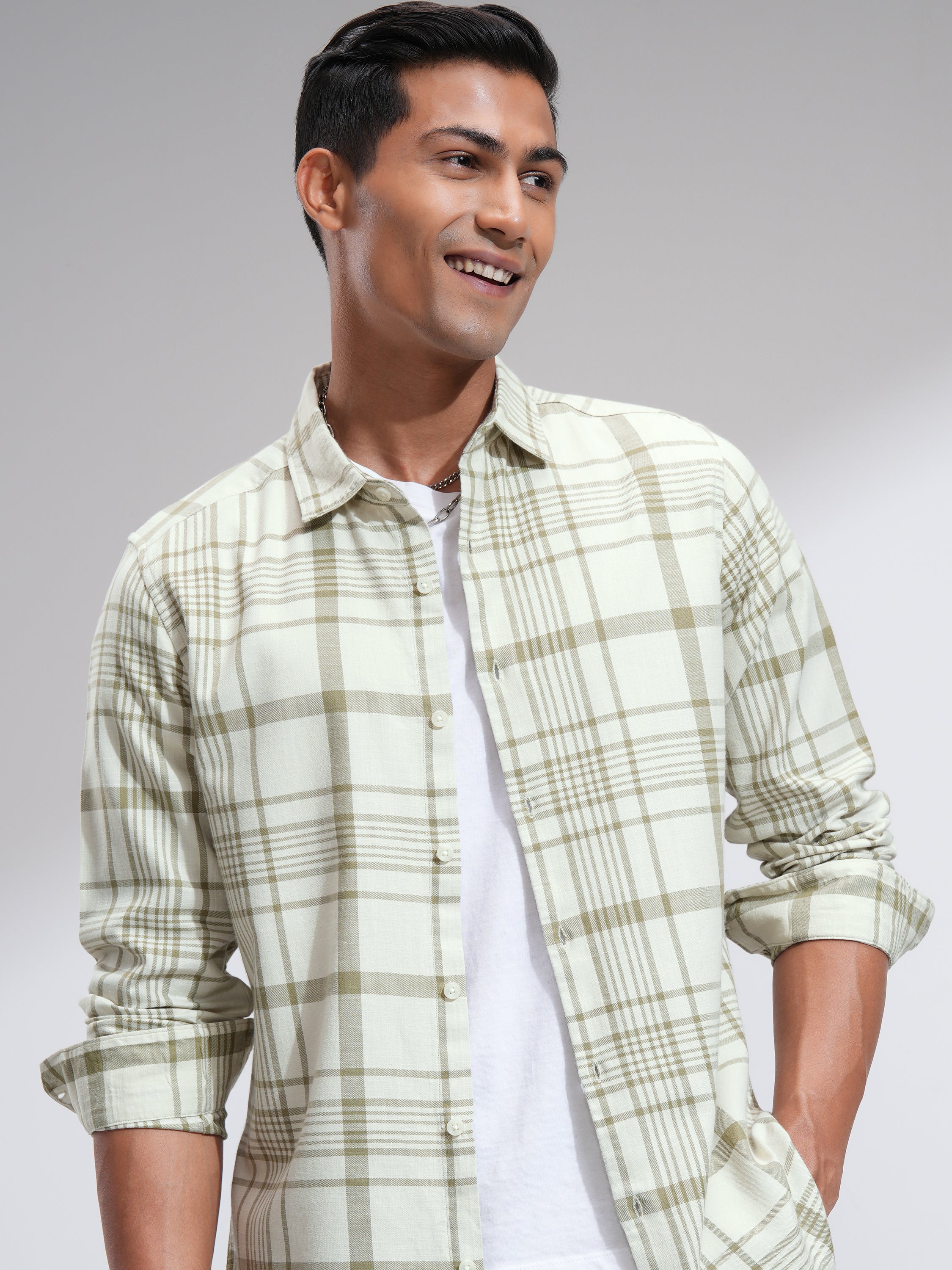 Highlander Men Cream Checked Slim Fit Casual Shirt - Cream - Image 1