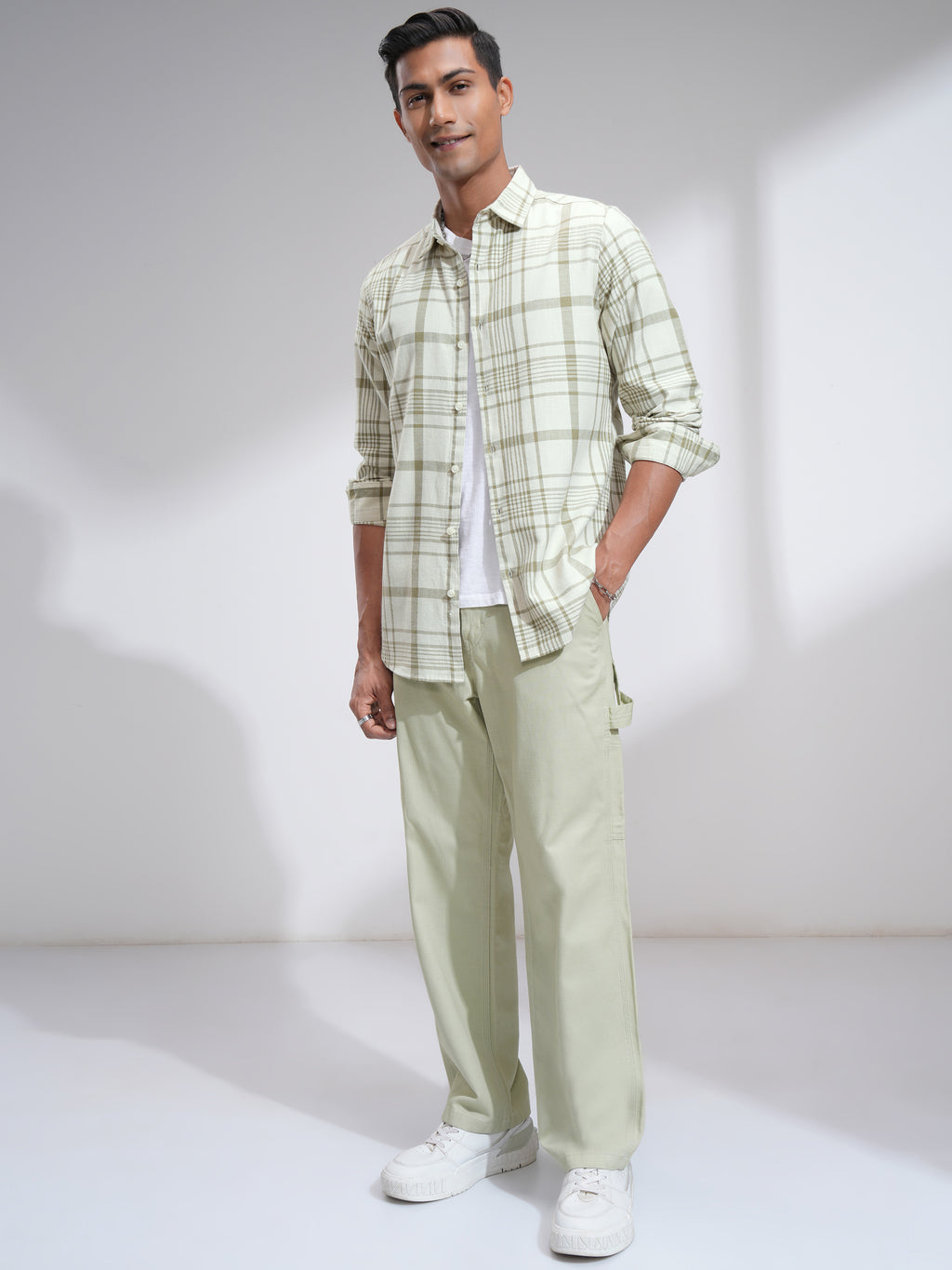 Highlander Men Cream Checked Slim Fit Casual Shirt - Cream - Image 2