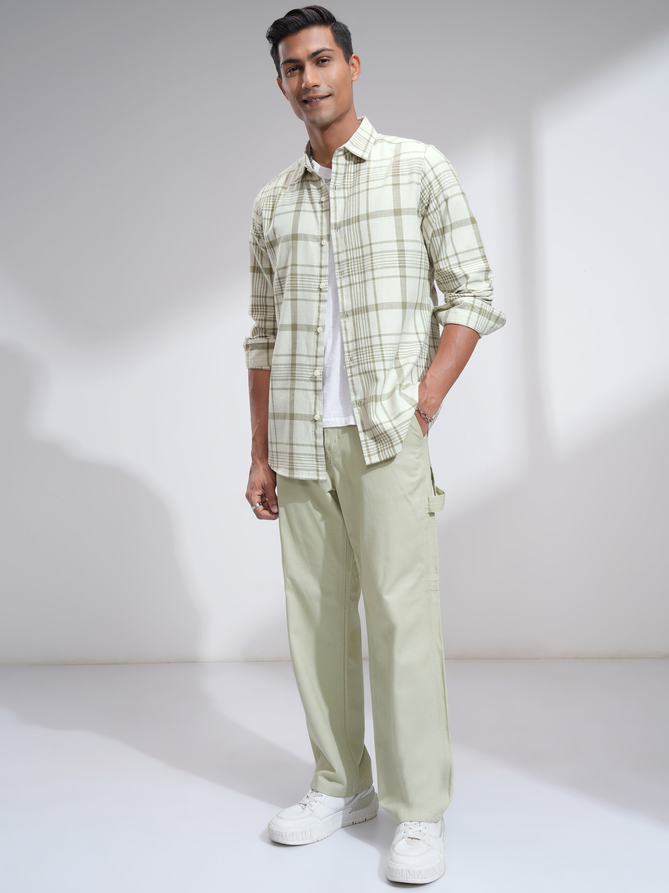 Highlander Men Cream Checked Slim Fit Casual Shirt - Cream - Image 2