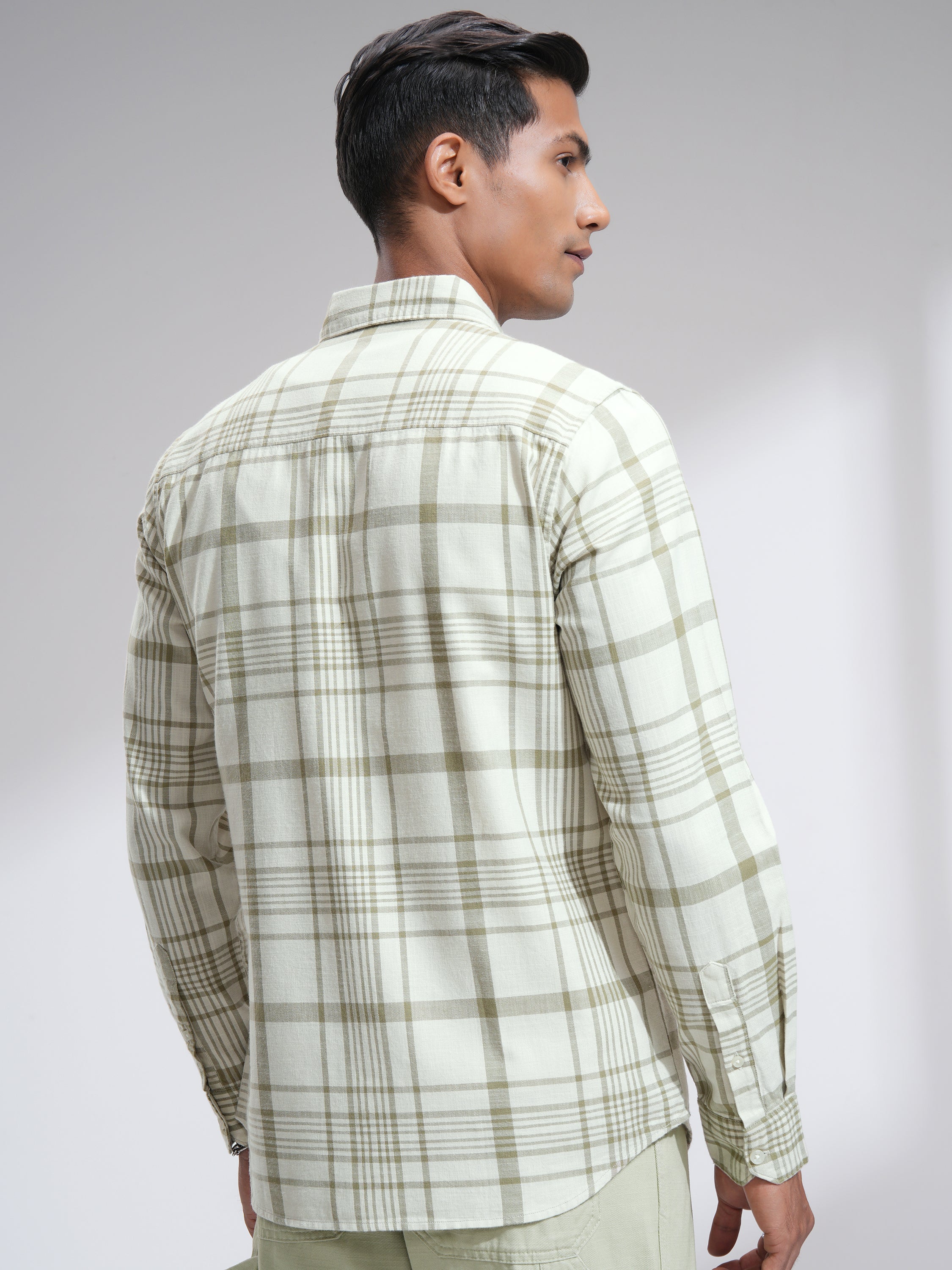 Highlander Men Cream Checked Slim Fit Casual Shirt - Cream - Image 3