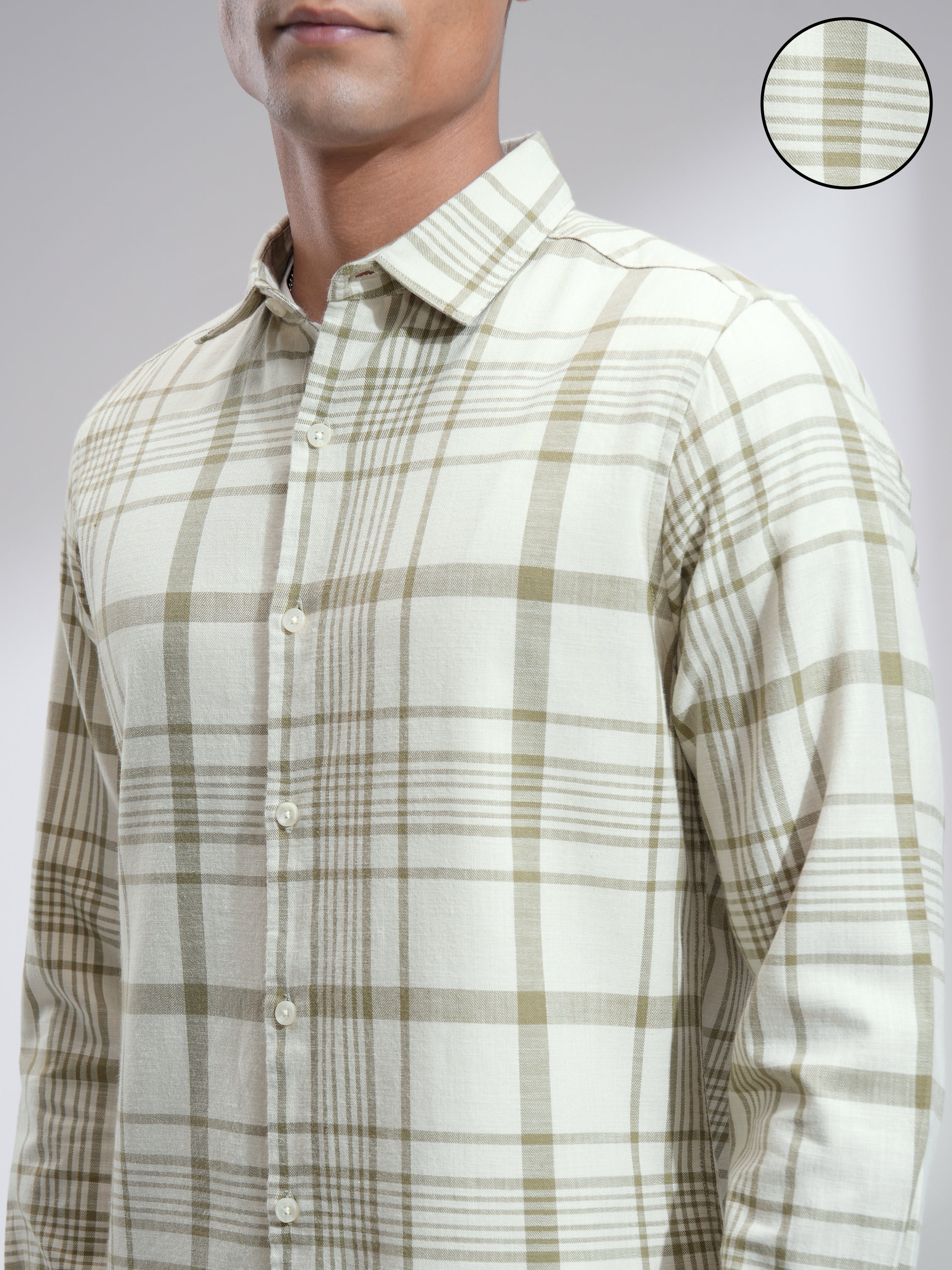 Highlander Men Cream Checked Slim Fit Casual Shirt - Cream - Image 5