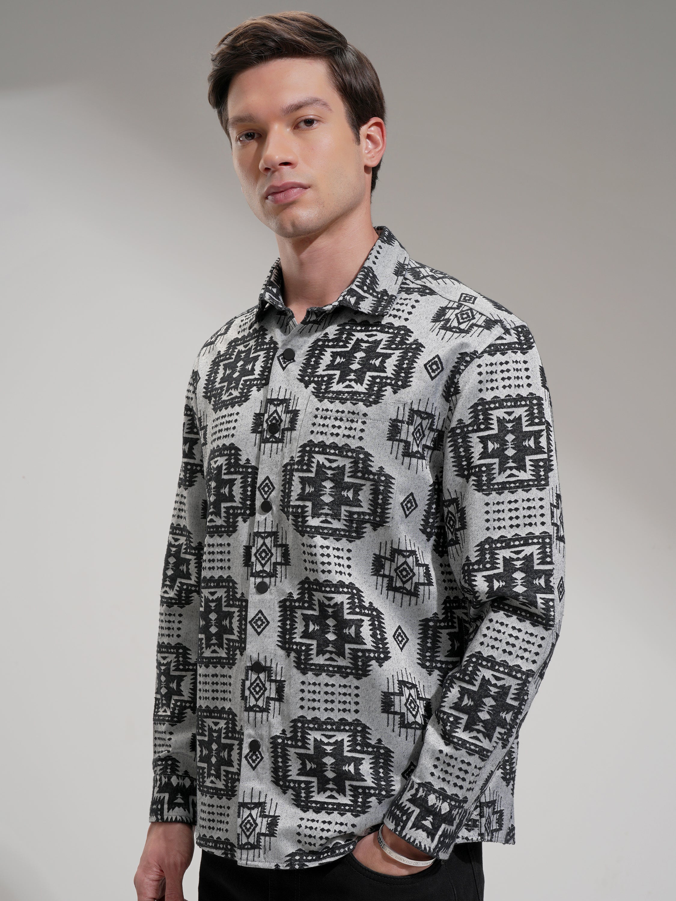 Highlander Men Grey Printed Relaxed Fit Casual Shirt - Grey - Image 4