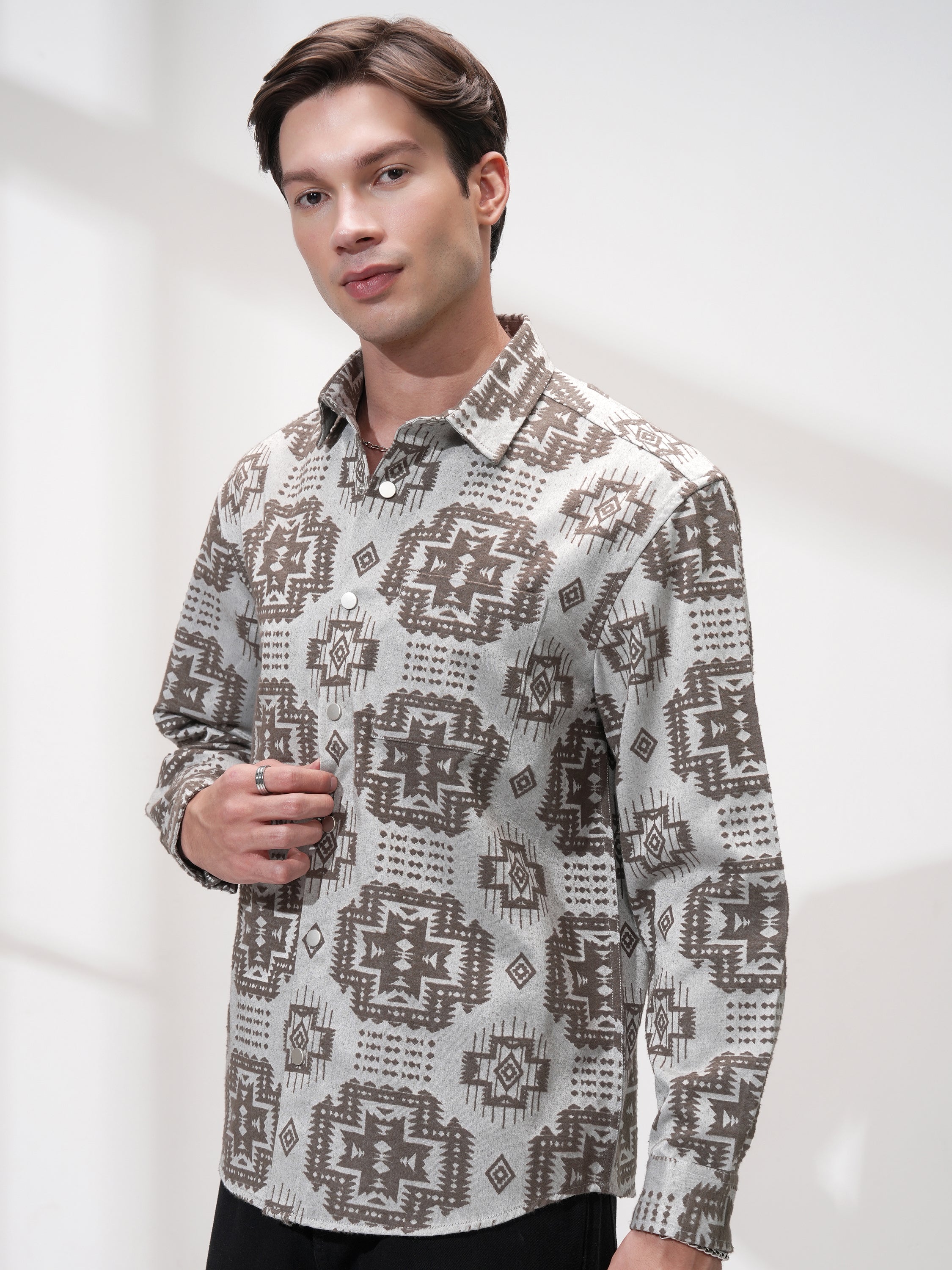 Highlander Men Grey Printed Relaxed Fit Casual Shirt - Grey - Image 4