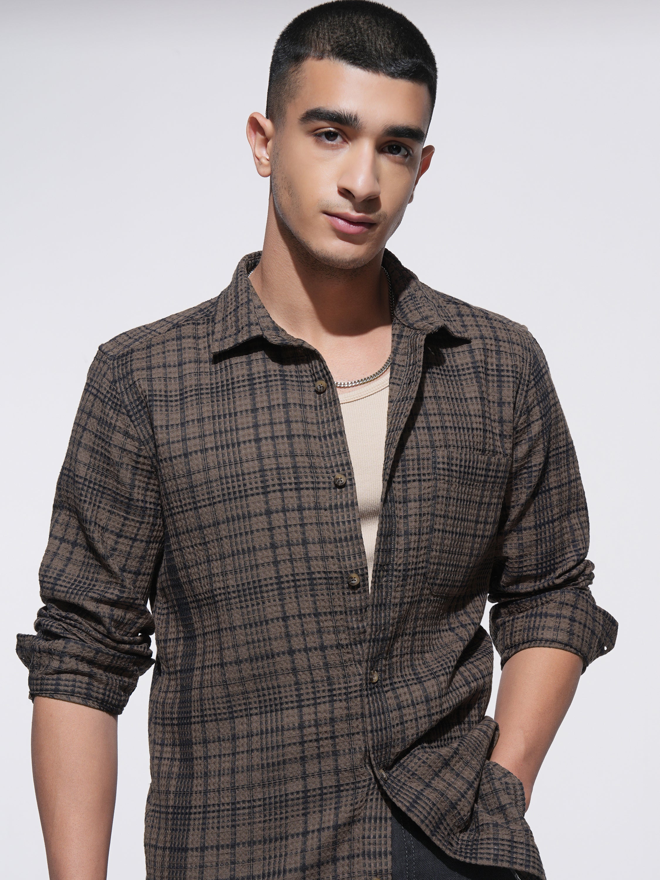 Highlander Men Brown Checked Slim Fit Casual Shirt - Brown - Image 1