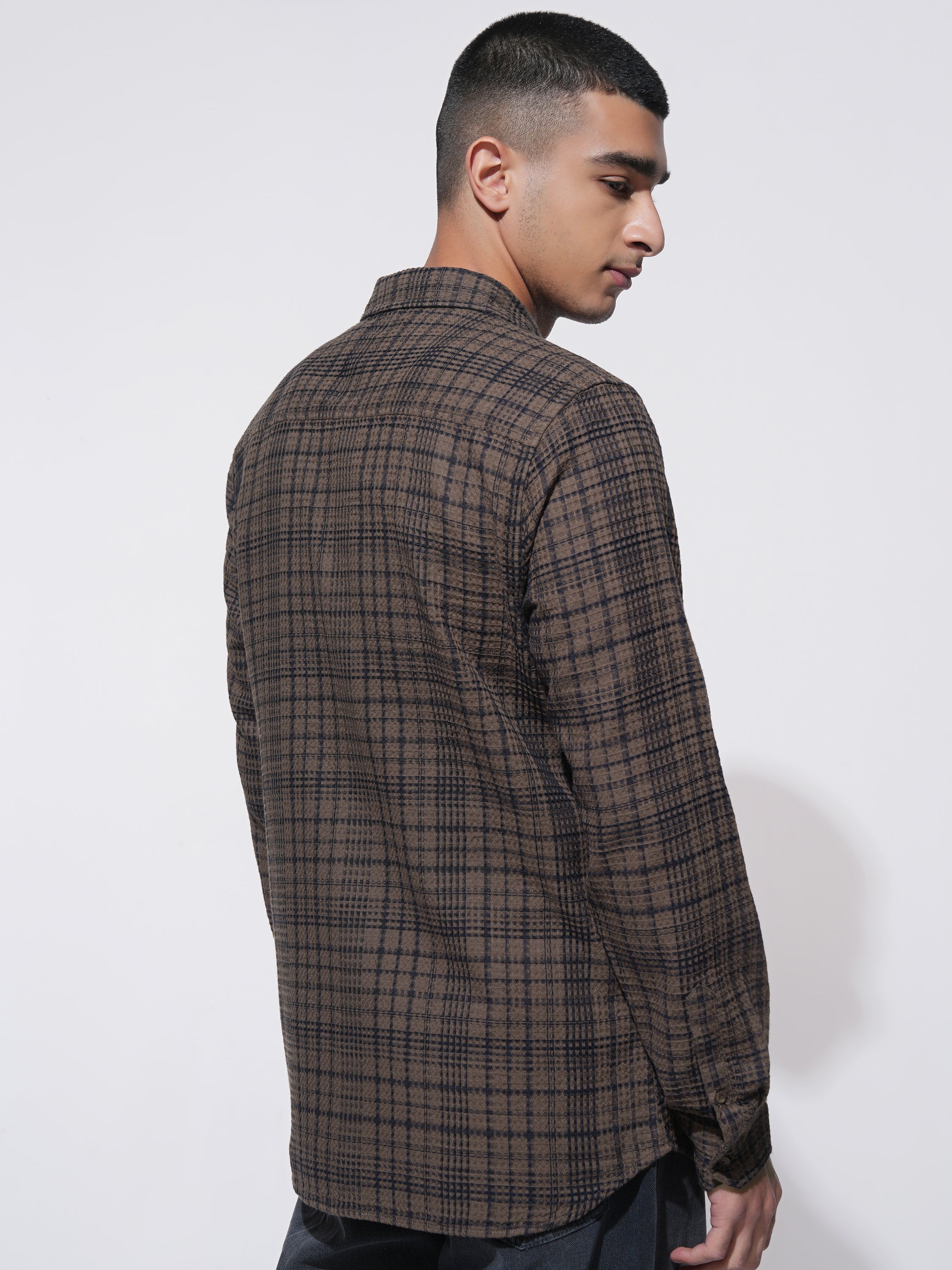 Highlander Men Brown Checked Slim Fit Casual Shirt - Brown - Image 3