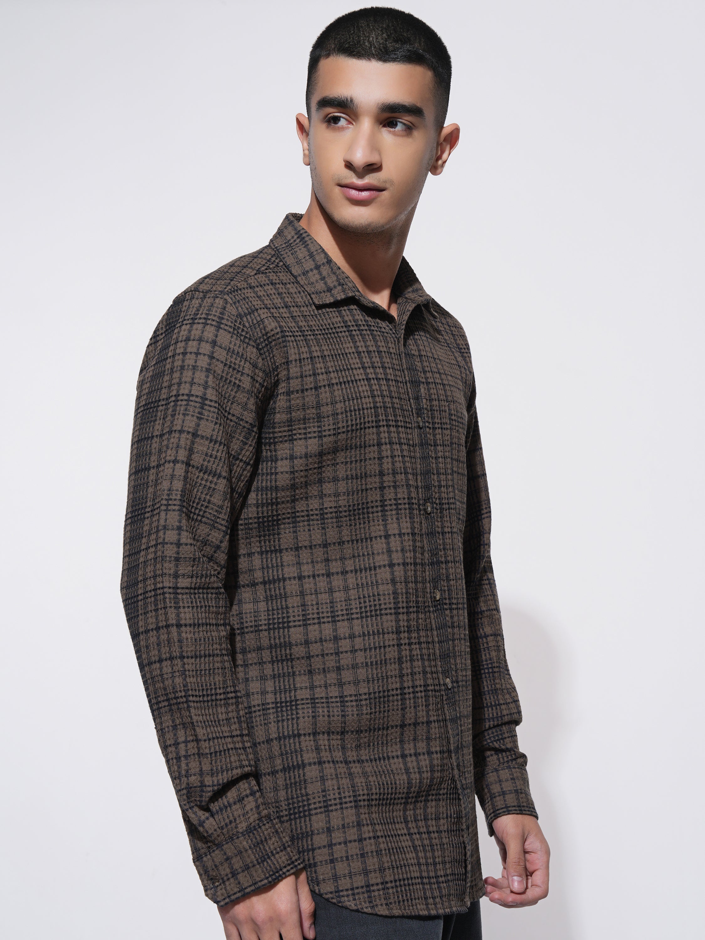 Highlander Men Brown Checked Slim Fit Casual Shirt - Brown - Image 6