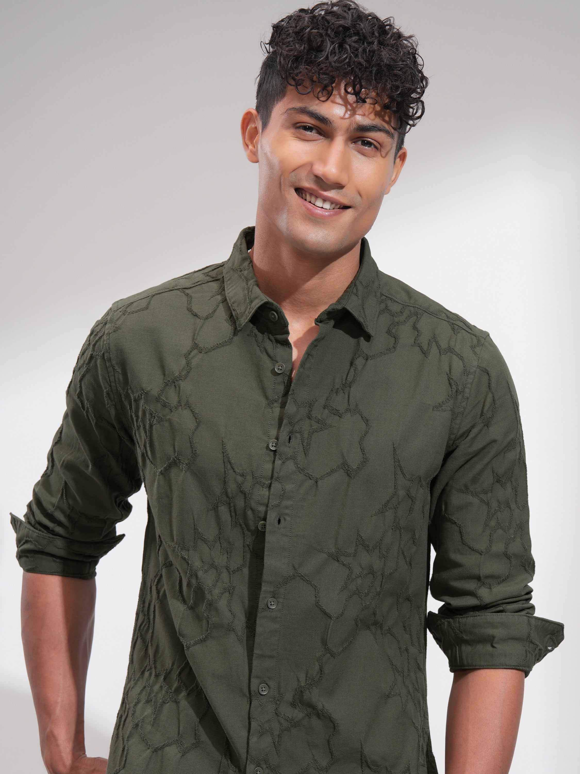Highlander Men Olive Embroidered Slim Fit Casual Shirt - Olive - Image 1