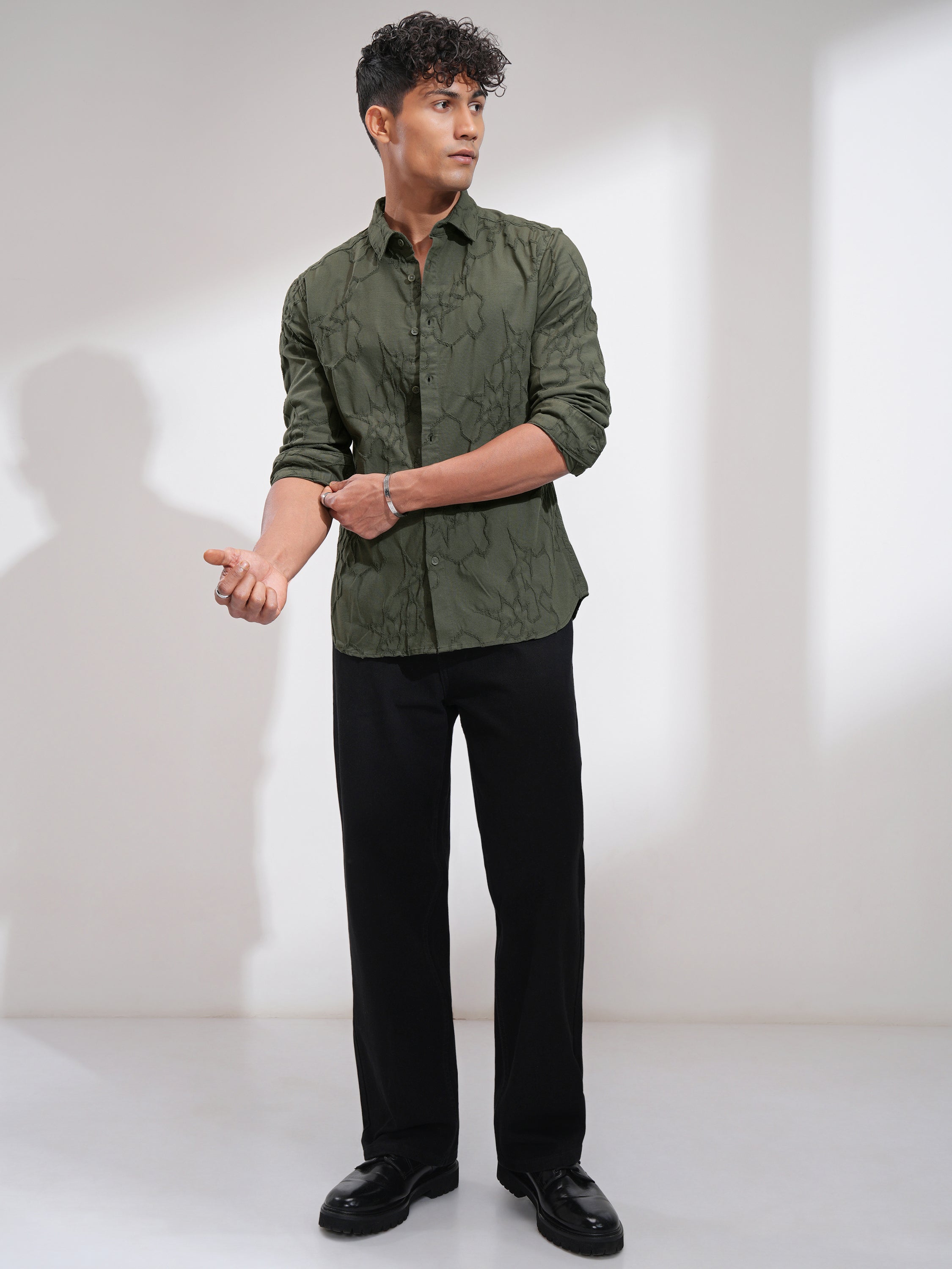 Highlander Men Olive Embroidered Slim Fit Casual Shirt - Olive - Image 2