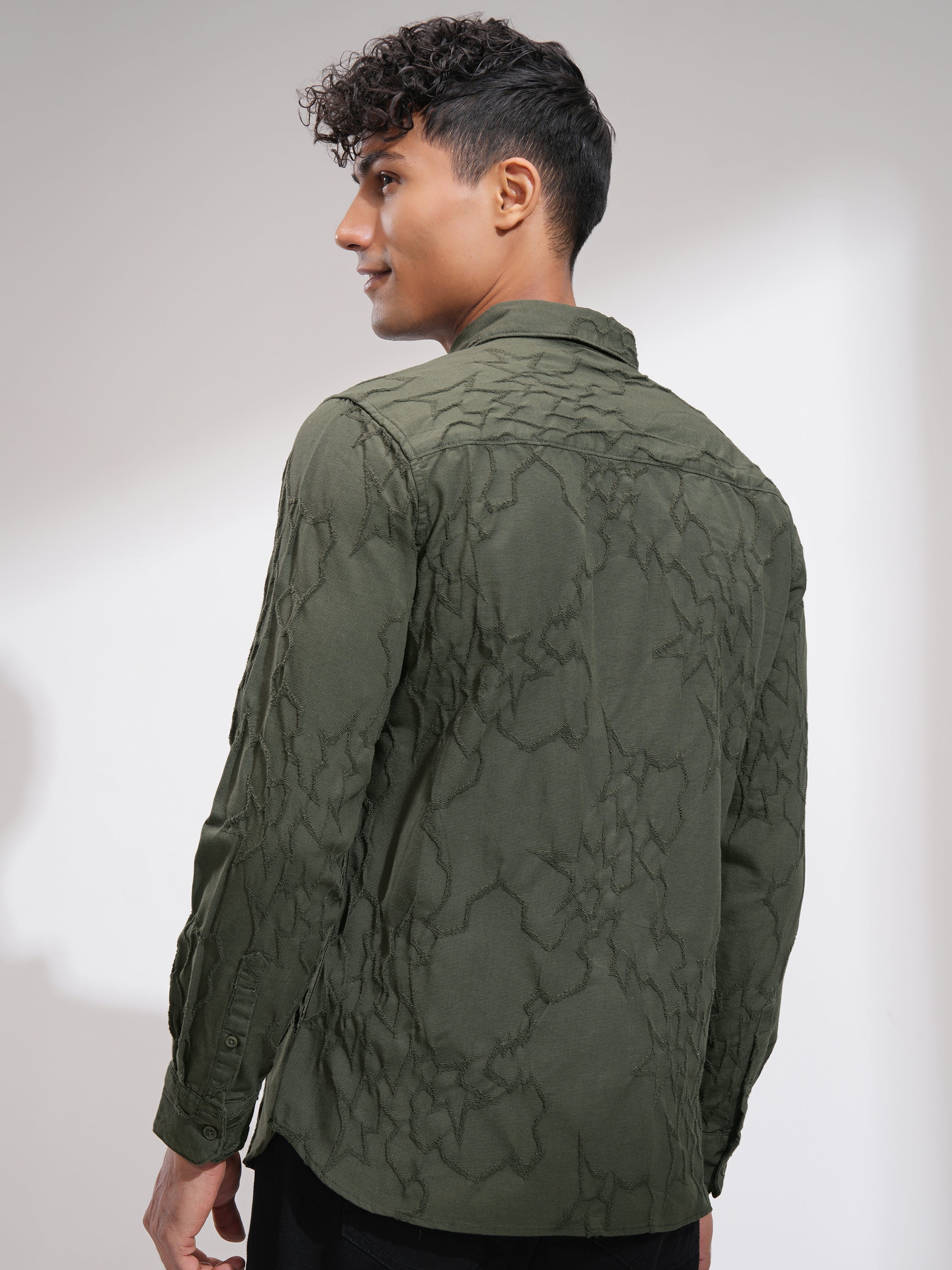 Highlander Men Olive Embroidered Slim Fit Casual Shirt - Olive - Image 3