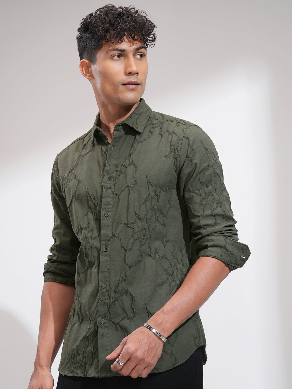 Highlander Men Olive Embroidered Slim Fit Casual Shirt - Olive - Image 4