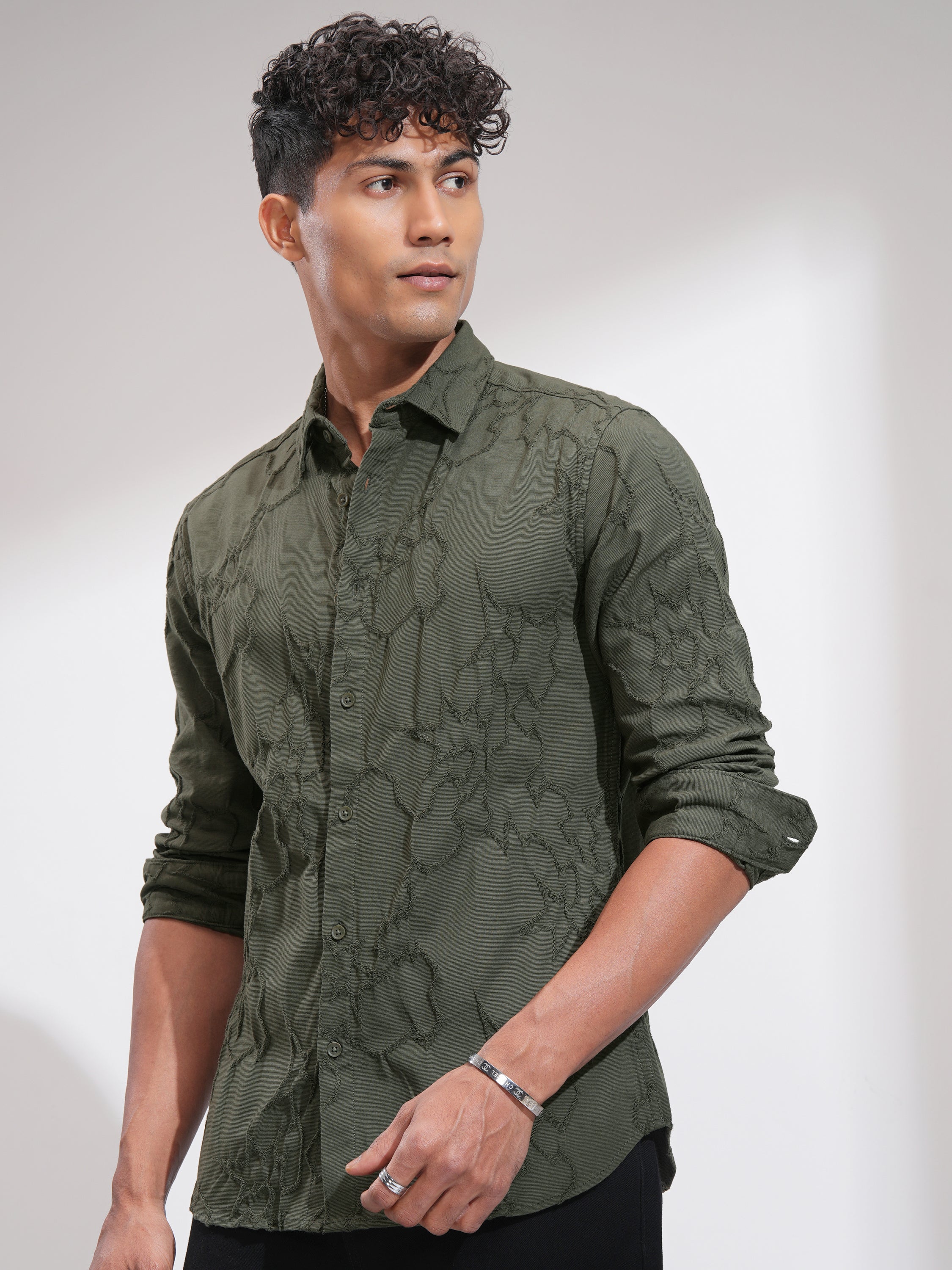 Highlander Men Olive Embroidered Slim Fit Casual Shirt - Olive - Image 4