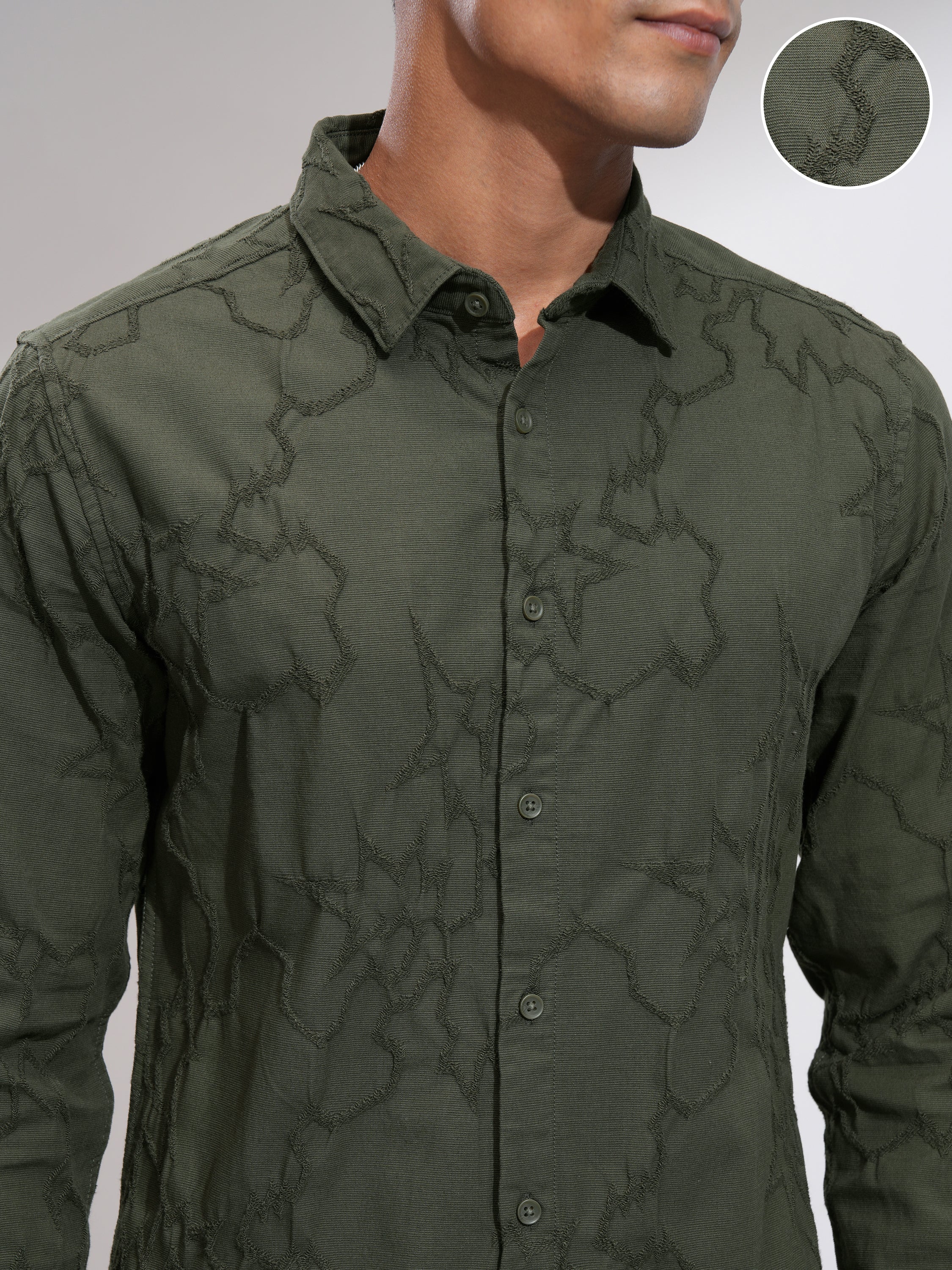 Highlander Men Olive Embroidered Slim Fit Casual Shirt - Olive - Image 5