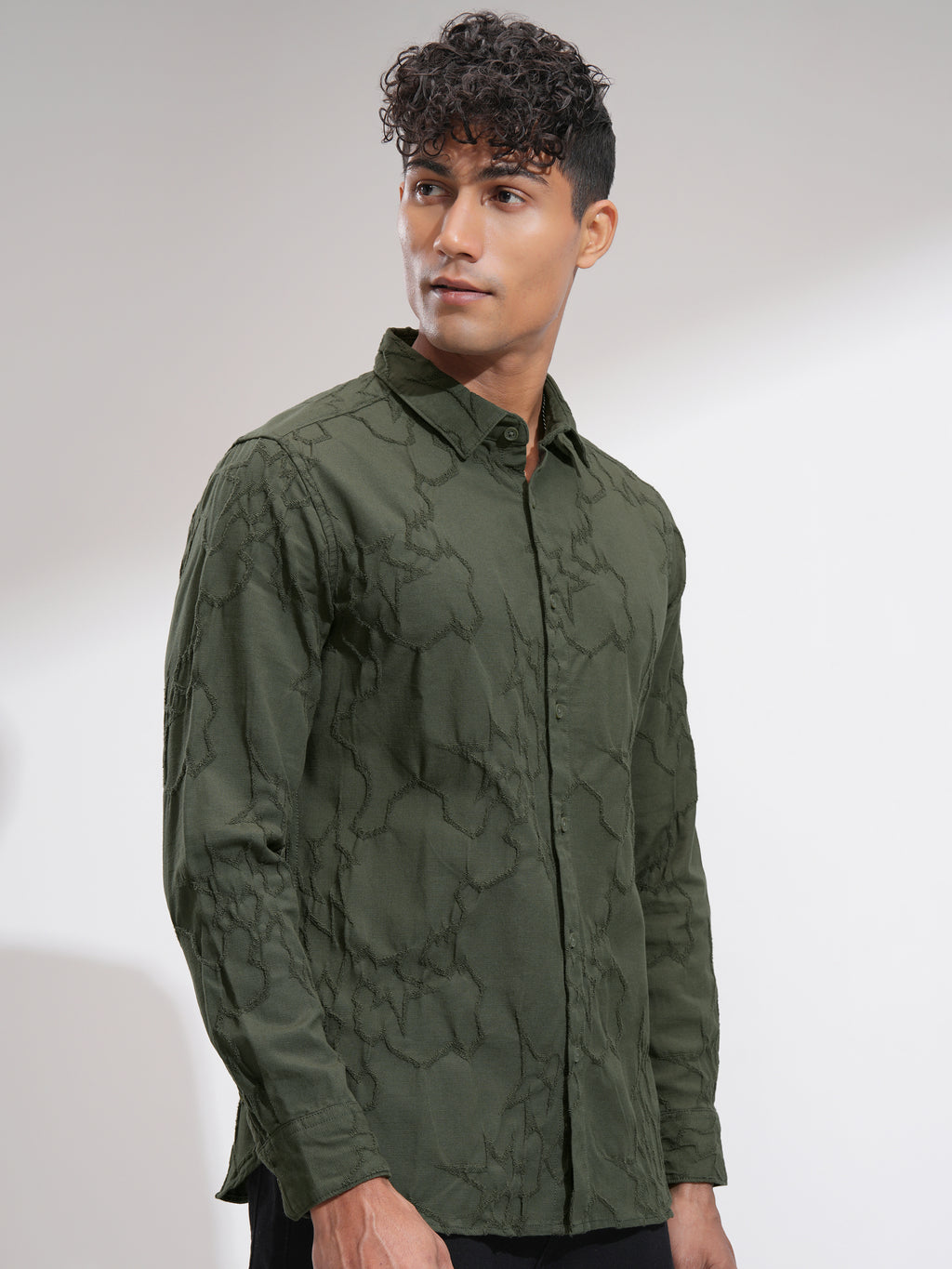 Highlander Men Olive Embroidered Slim Fit Casual Shirt - Olive - Image 6
