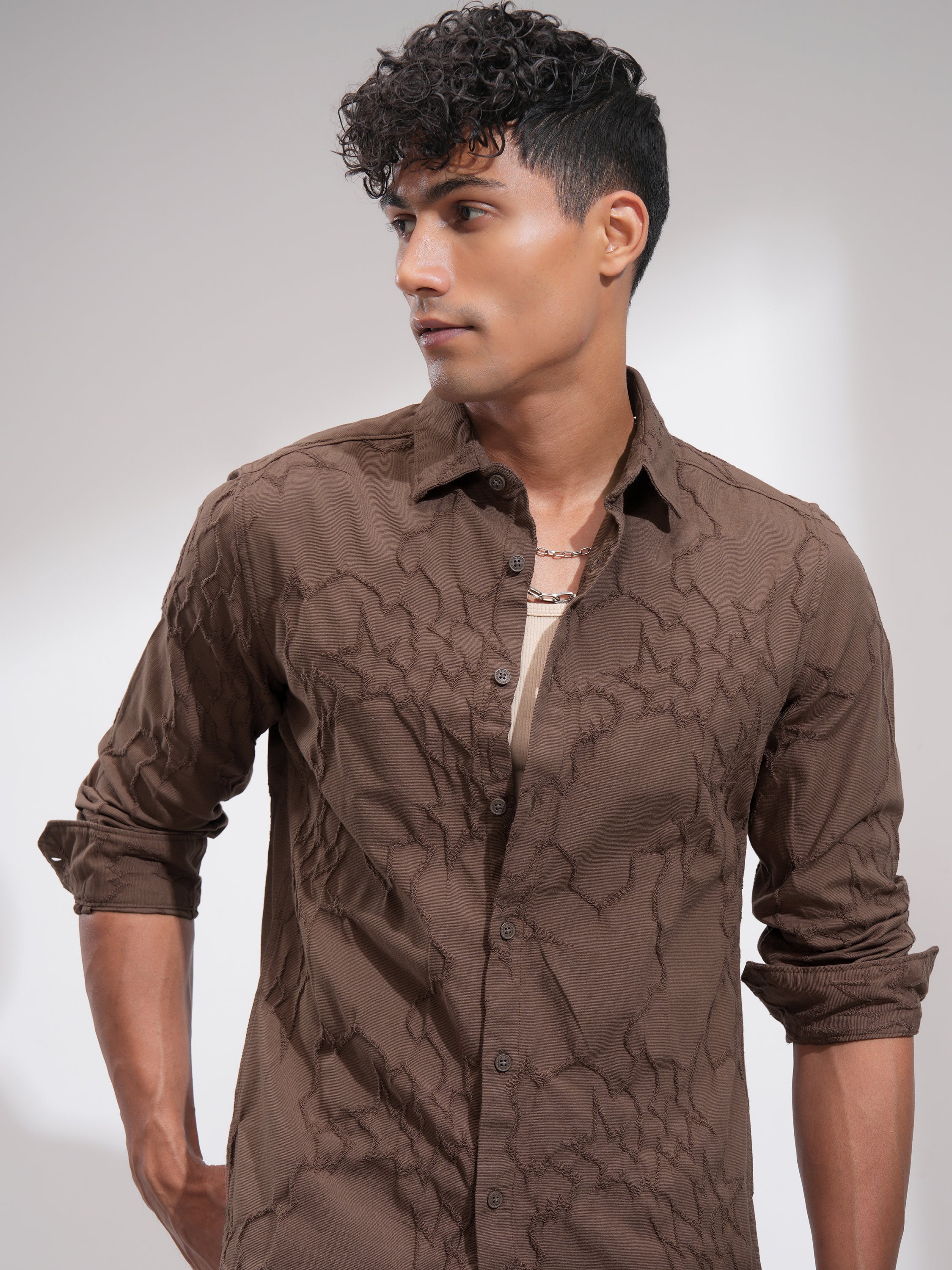 Highlander Men Brown Embroidered Slim Fit Casual Shirt - Brown - Image 1