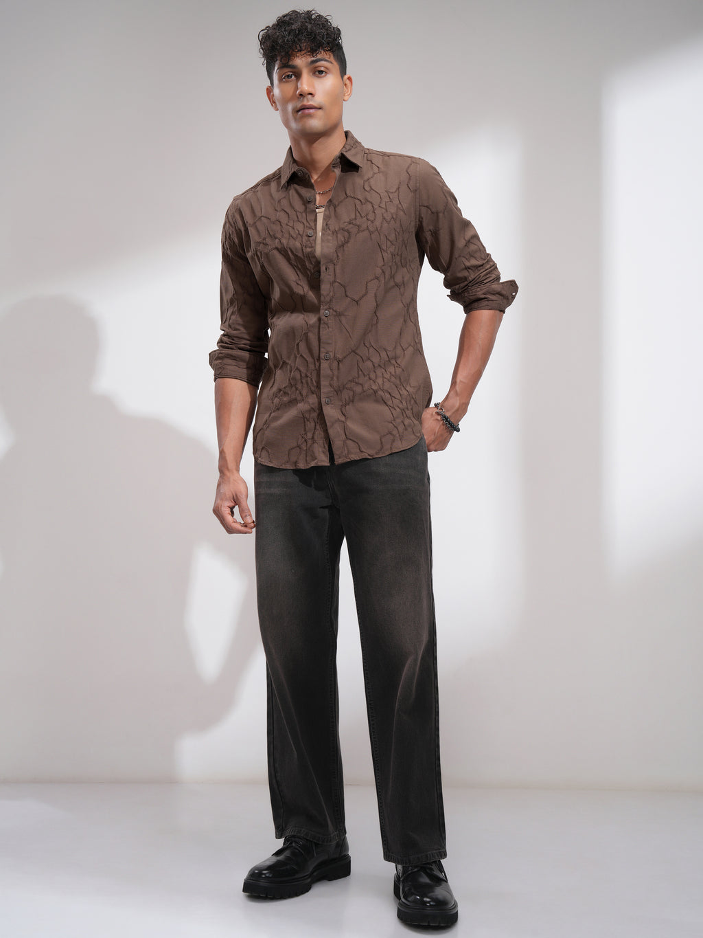 Highlander Men Brown Embroidered Slim Fit Casual Shirt - Brown - Image 2