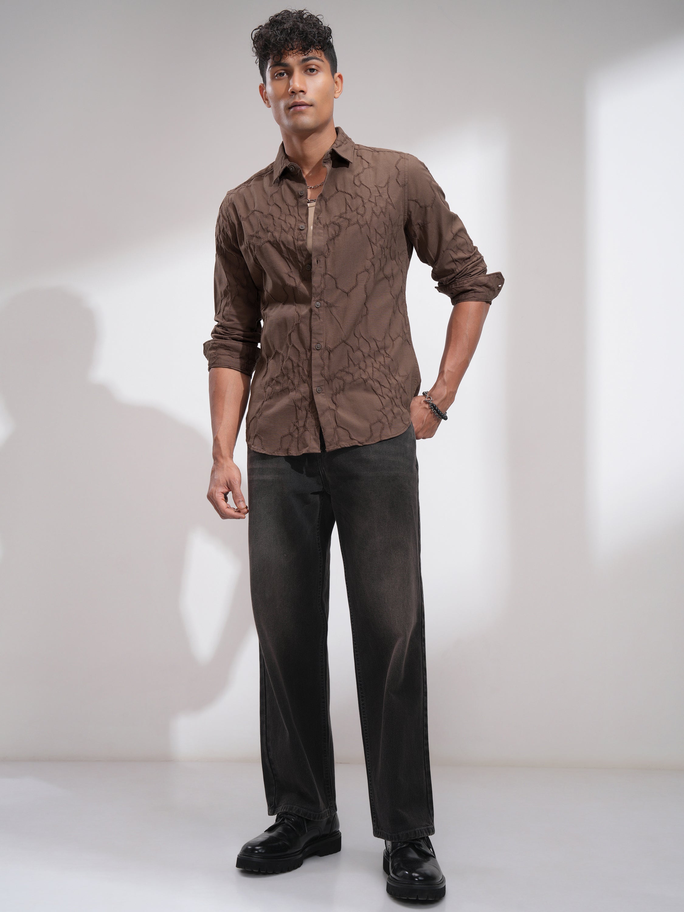 Highlander Men Brown Embroidered Slim Fit Casual Shirt - Brown - Image 2
