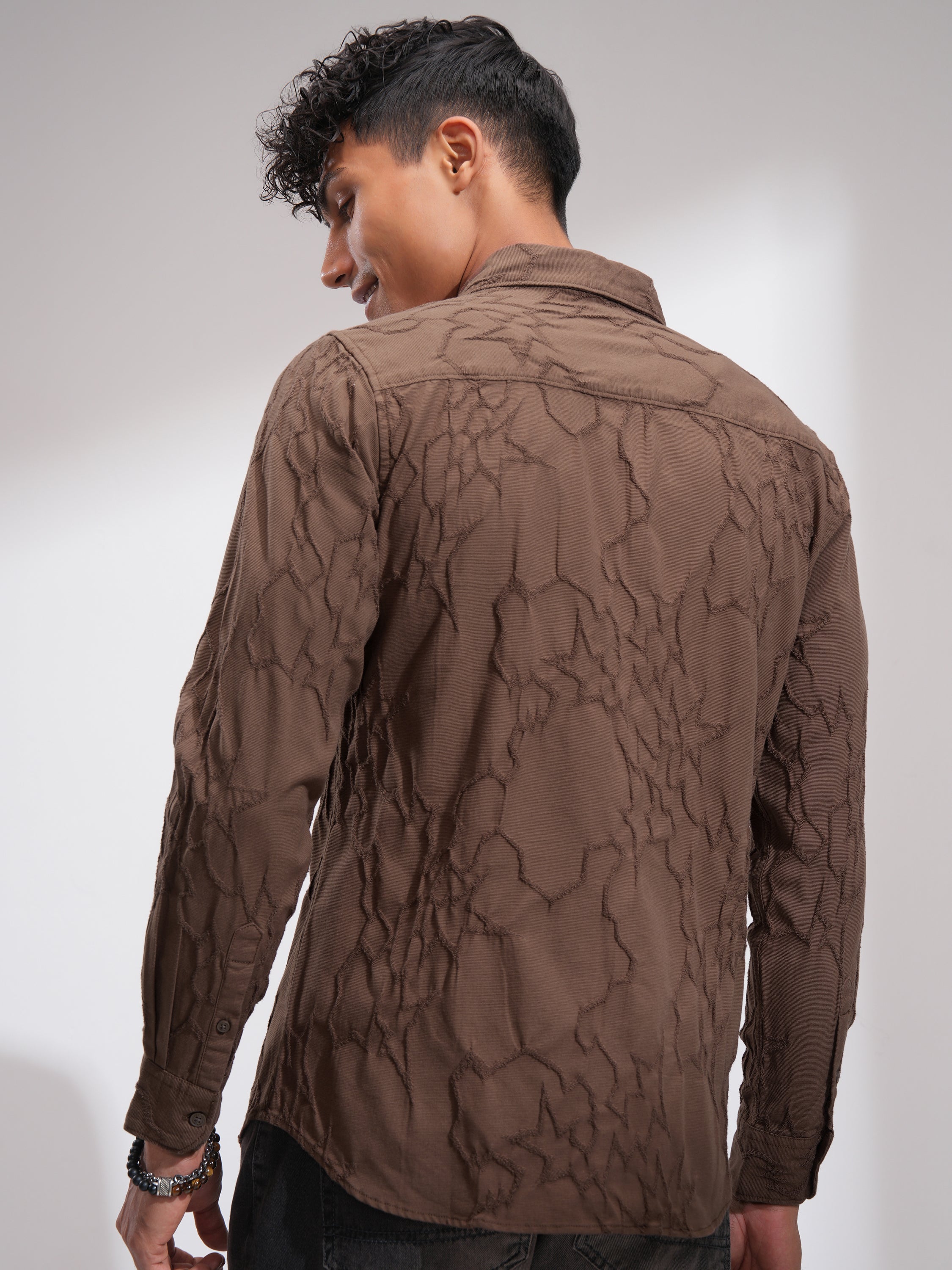 Highlander Men Brown Embroidered Slim Fit Casual Shirt - Brown - Image 3