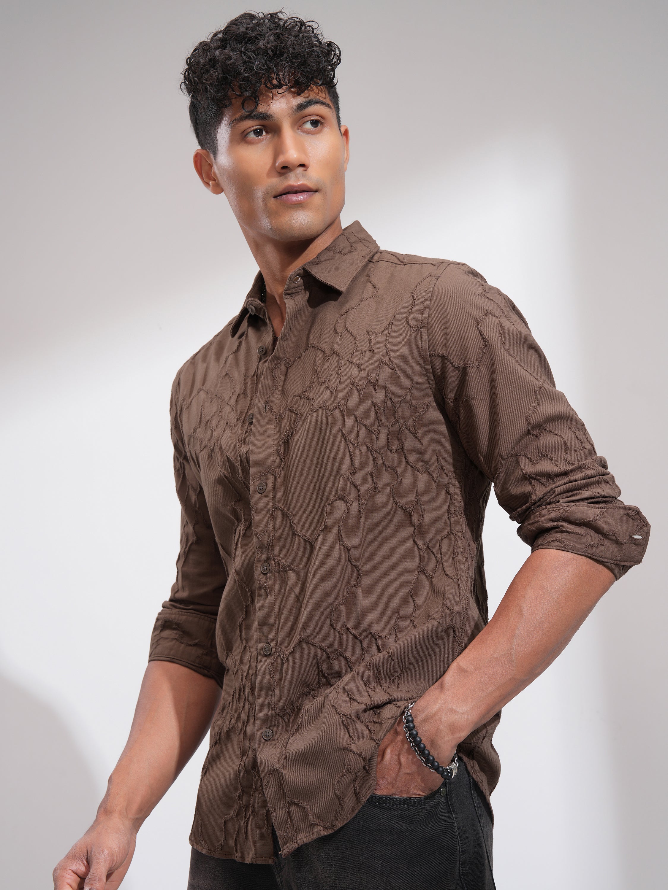 Highlander Men Brown Embroidered Slim Fit Casual Shirt - Brown - Image 4