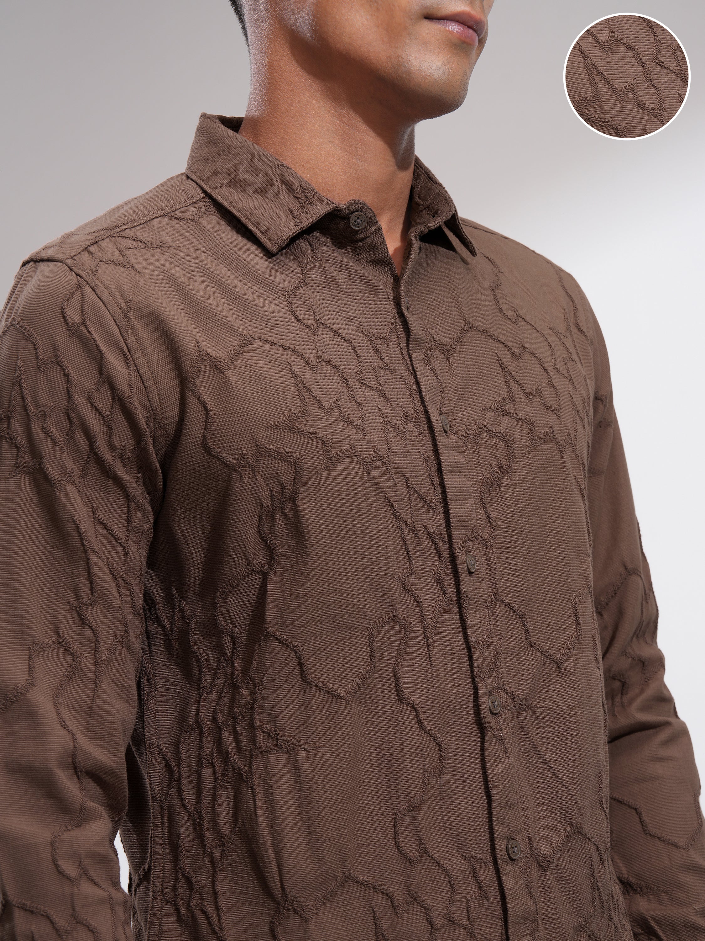 Highlander Men Brown Embroidered Slim Fit Casual Shirt - Brown - Image 5