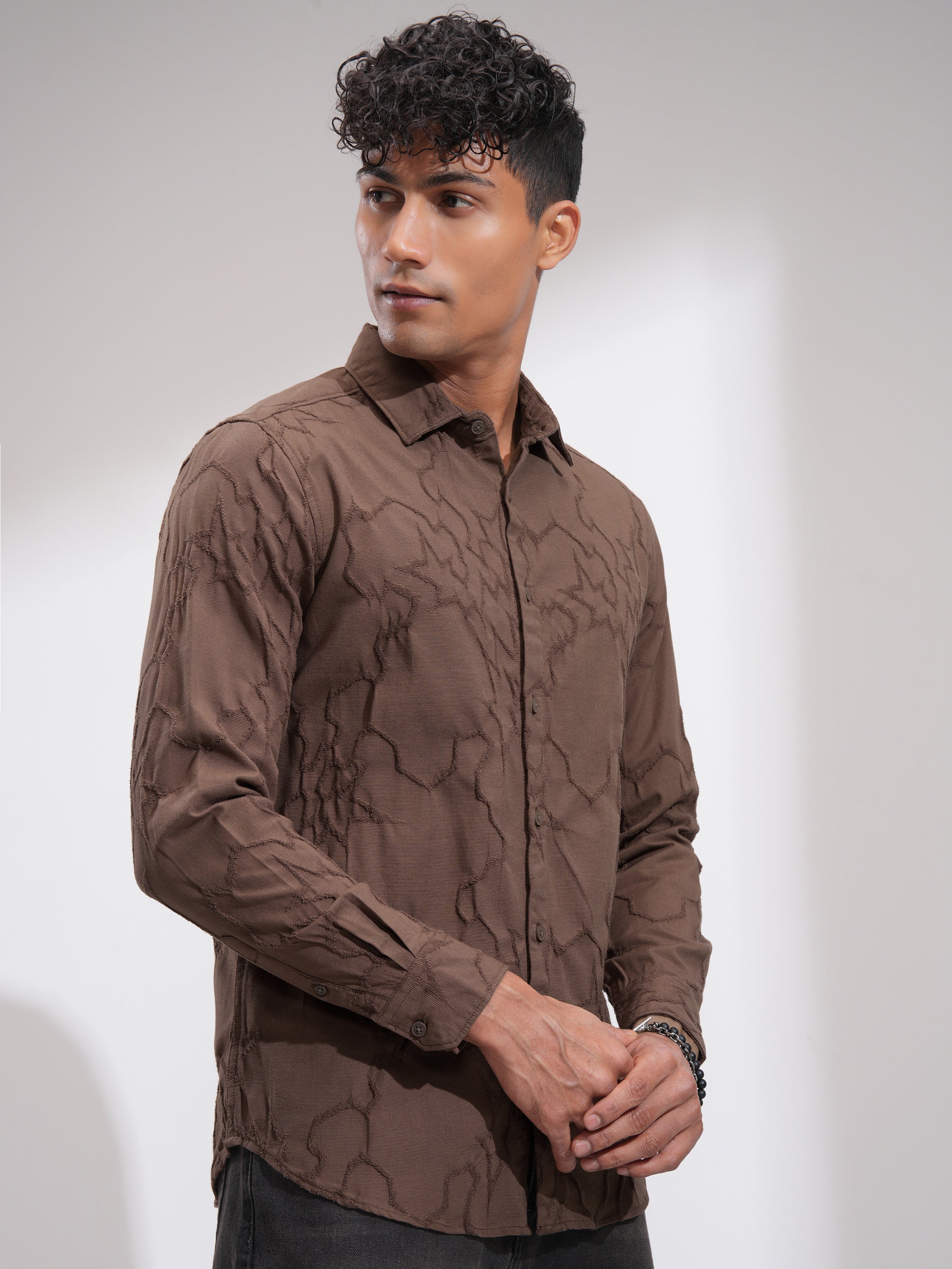 Highlander Men Brown Embroidered Slim Fit Casual Shirt - Brown - Image 6