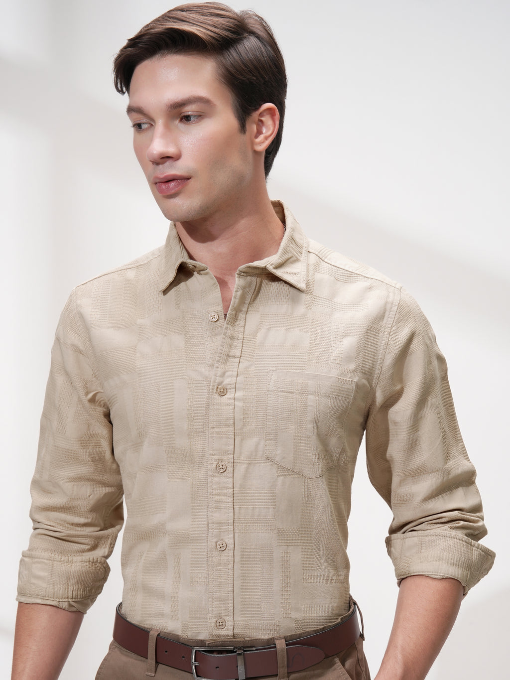 Highlander Men Beige Self Design Slim Fit Casual Shirt - Beige - Image 1