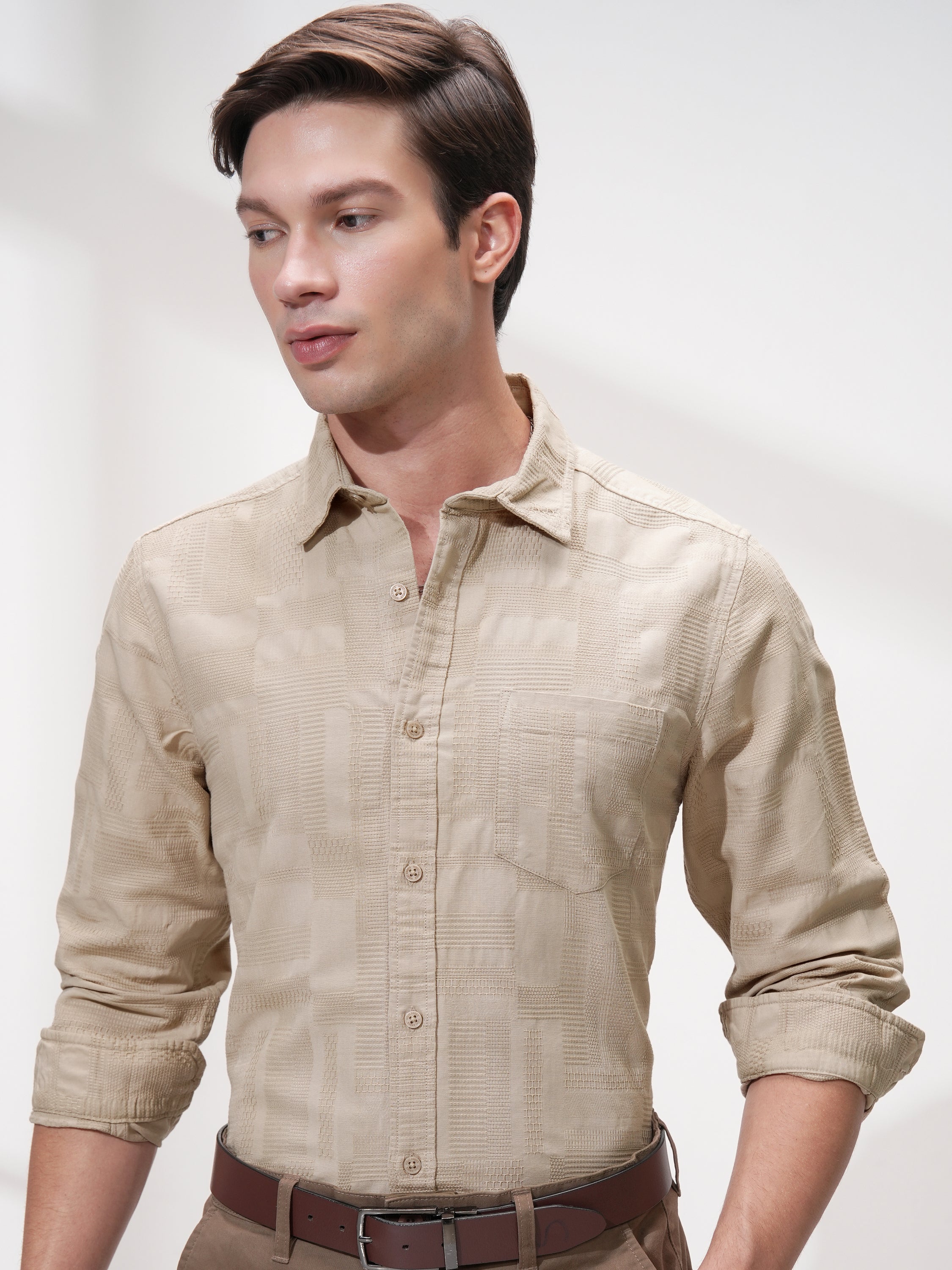 Highlander Men Beige Self Design Slim Fit Casual Shirt - Beige - Image 1