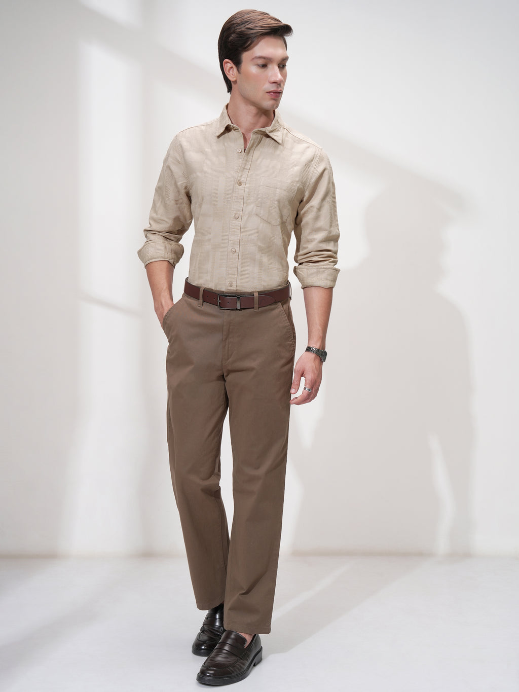 Highlander Men Beige Self Design Slim Fit Casual Shirt - Beige - Image 2