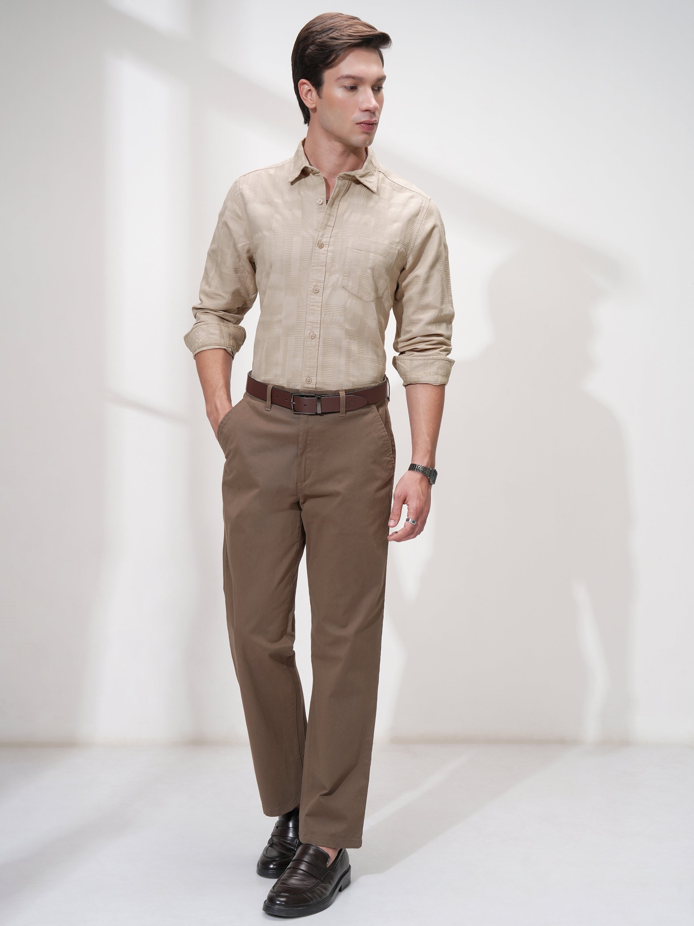 Highlander Men Beige Self Design Slim Fit Casual Shirt - Beige - Image 2