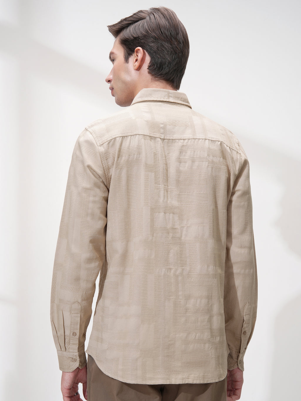 Highlander Men Beige Self Design Slim Fit Casual Shirt - Beige - Image 3