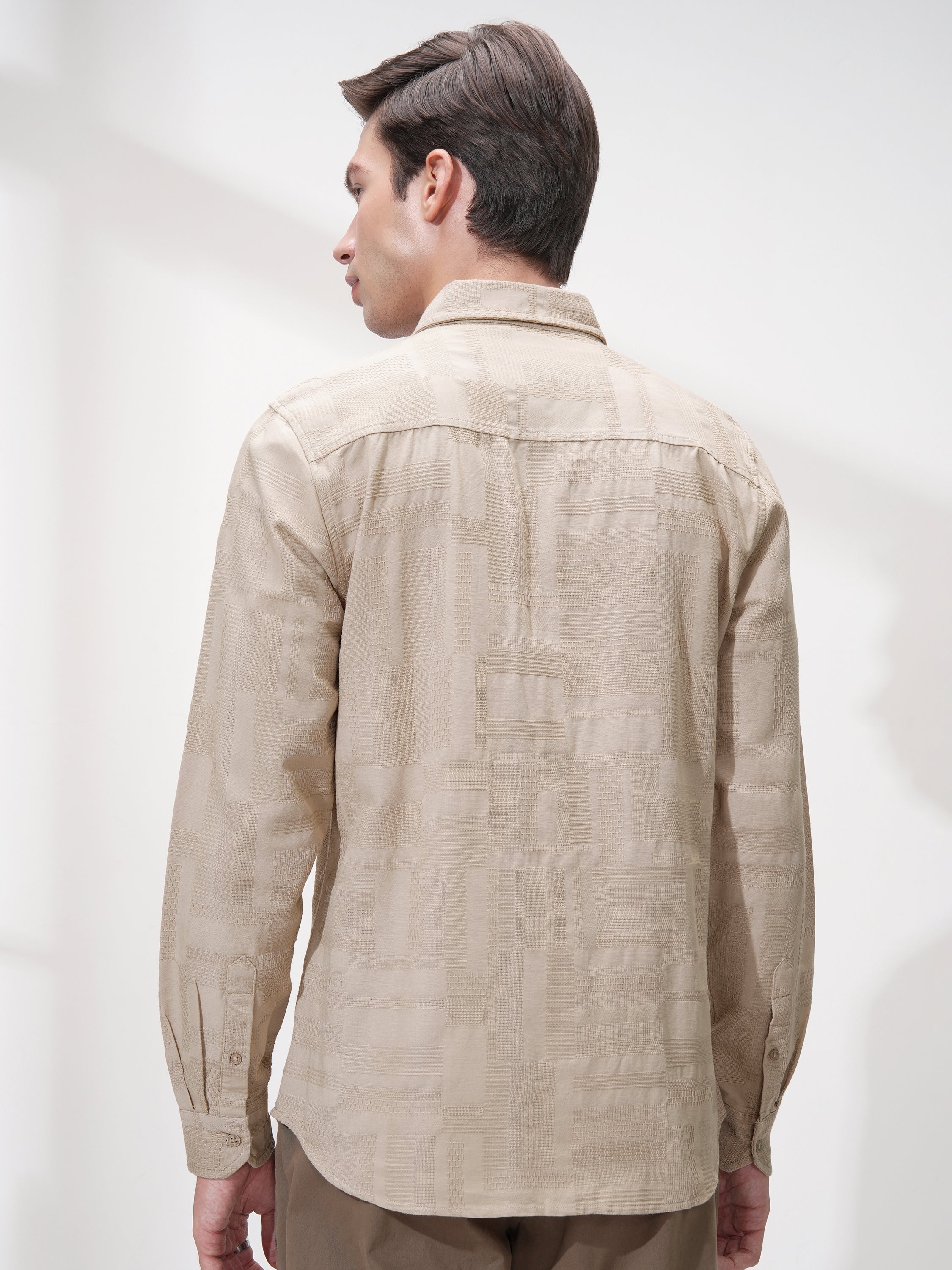 Highlander Men Beige Self Design Slim Fit Casual Shirt - Beige - Image 3