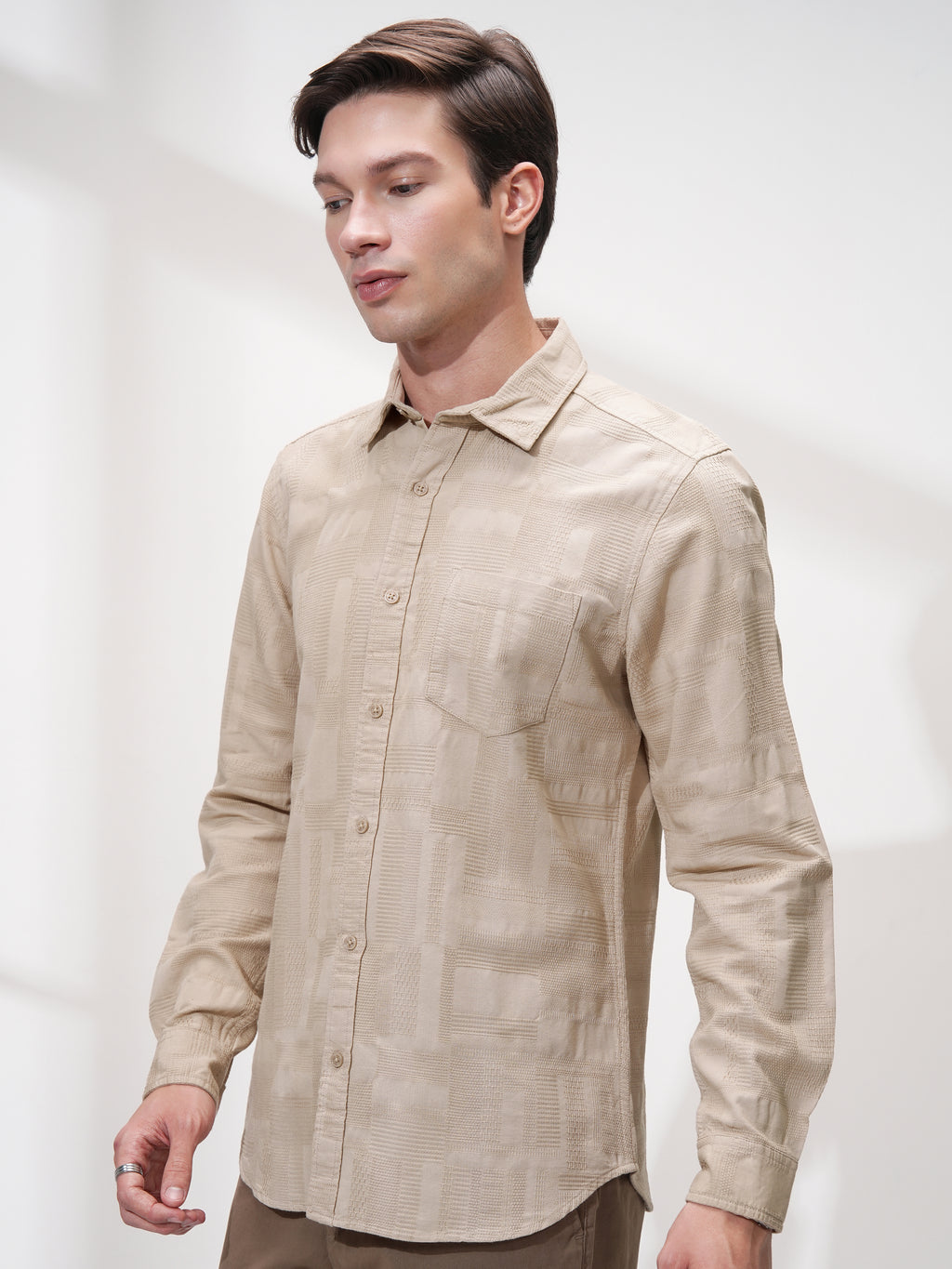 Highlander Men Beige Self Design Slim Fit Casual Shirt - Beige - Image 4