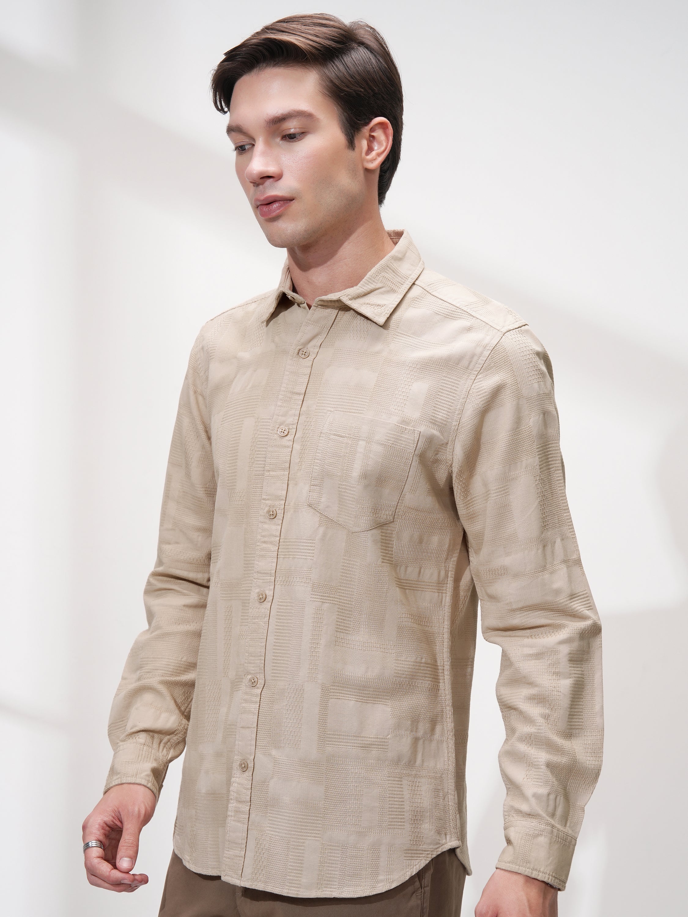 Highlander Men Beige Self Design Slim Fit Casual Shirt - Beige - Image 4