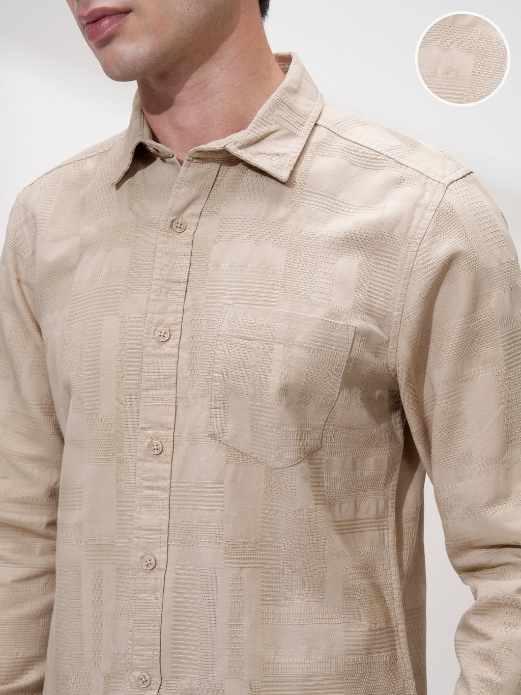 Highlander Men Beige Self Design Slim Fit Casual Shirt - Beige - Image 5