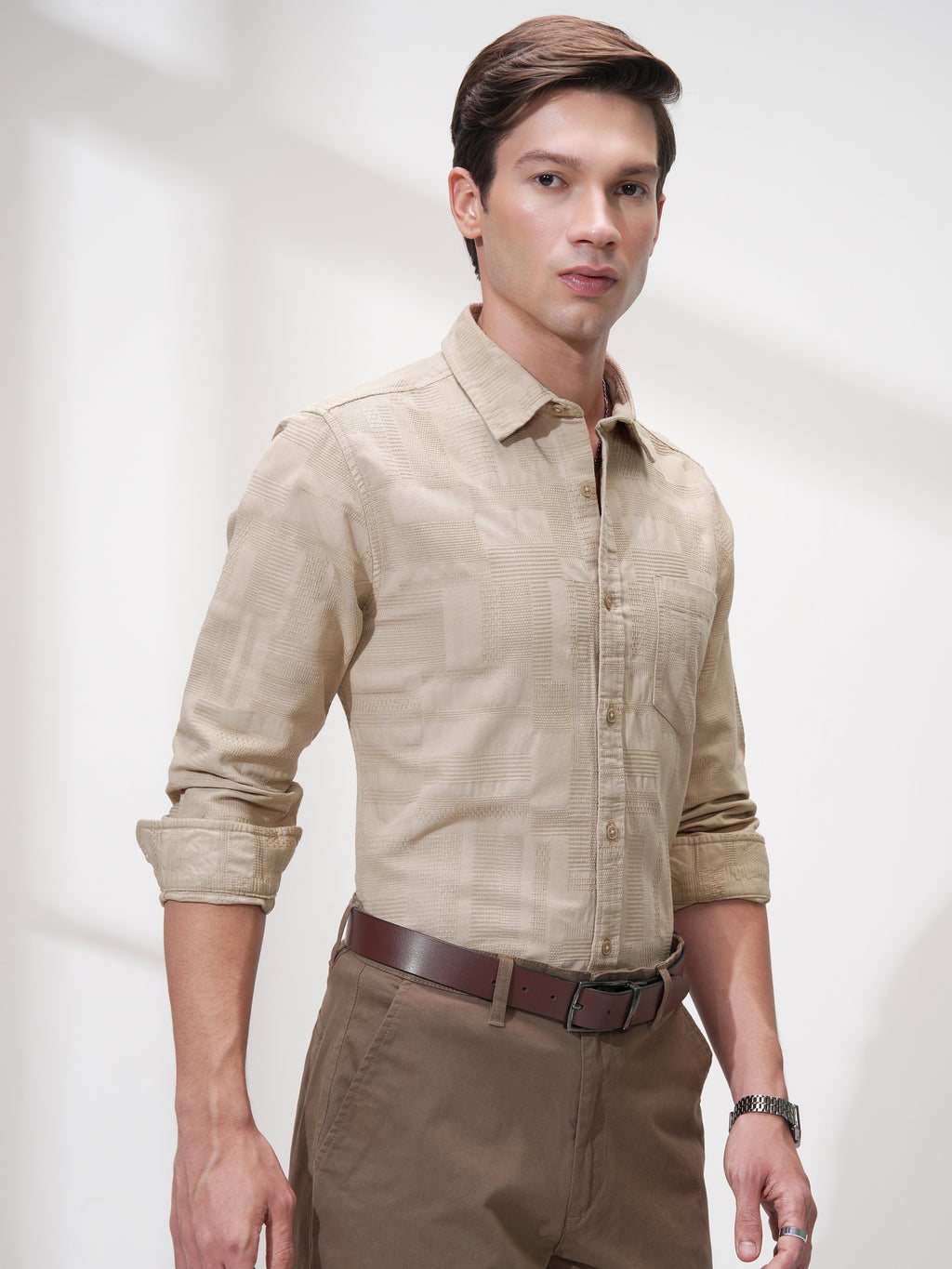 Highlander Men Beige Self Design Slim Fit Casual Shirt - Beige - Image 6