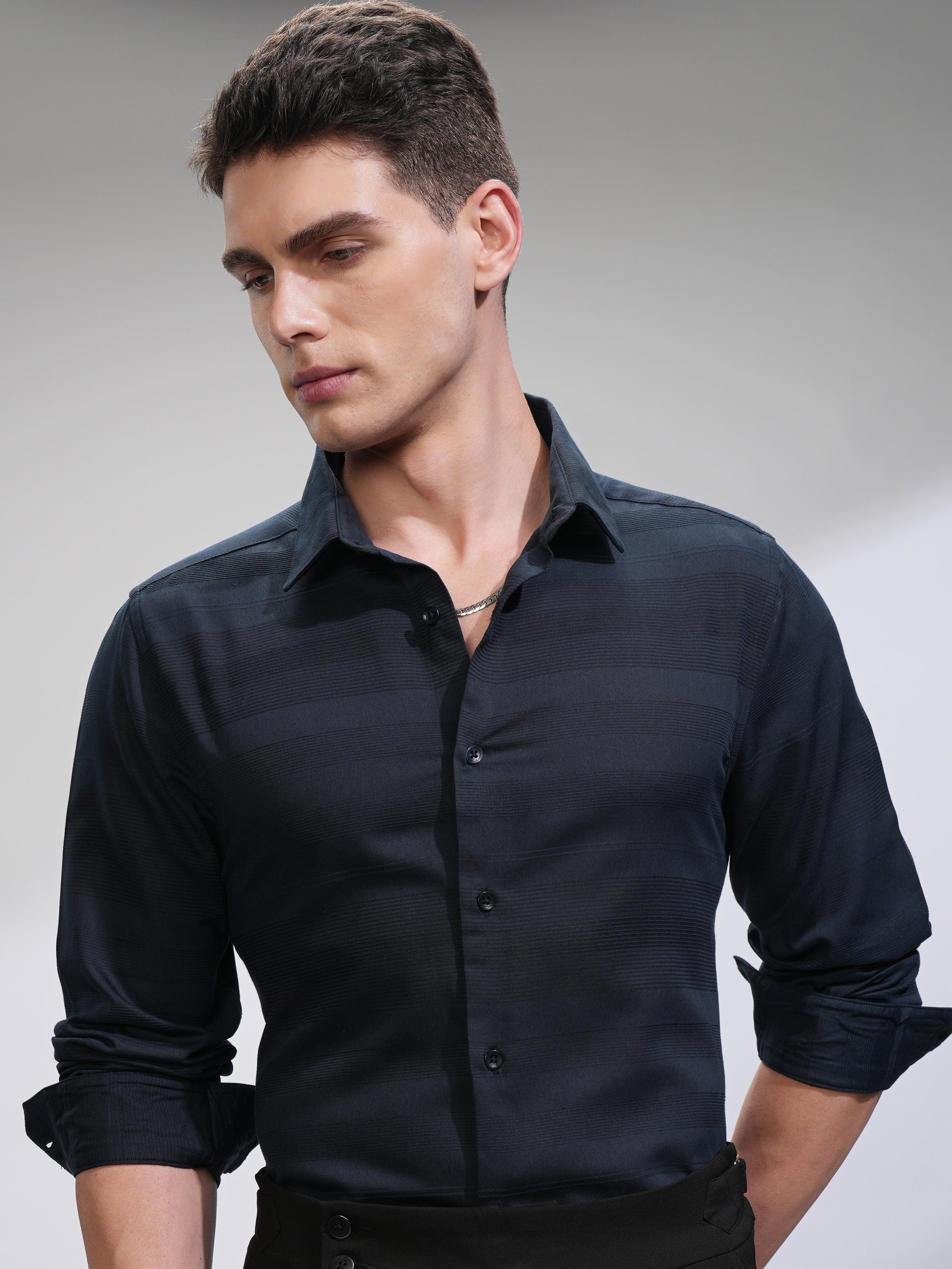 Highlander Men Navy Blue Striped Slim Fit Casual Shirt - Navy Blue - Image 1