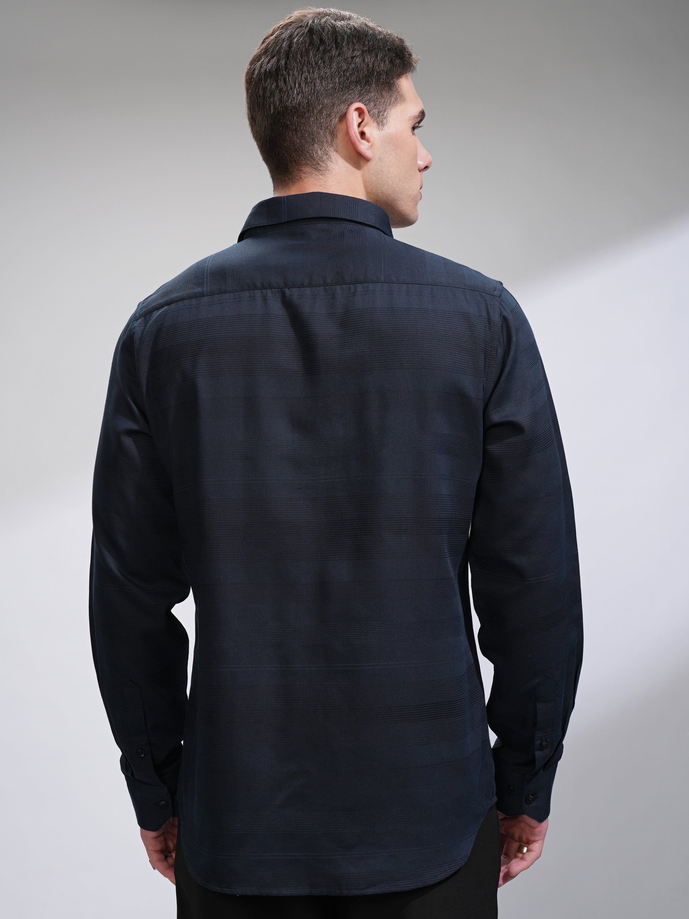 Highlander Men Navy Blue Striped Slim Fit Casual Shirt - Navy Blue - Image 3