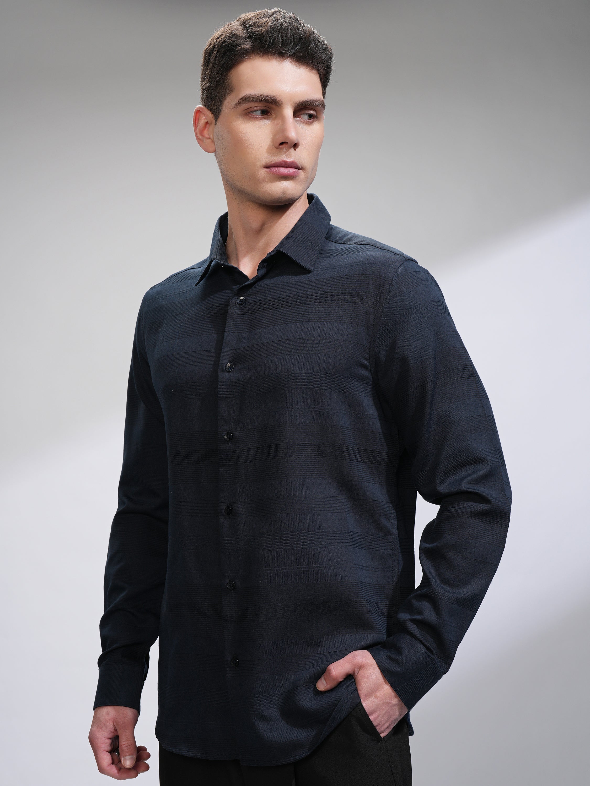 Highlander Men Navy Blue Striped Slim Fit Casual Shirt - Navy Blue - Image 4
