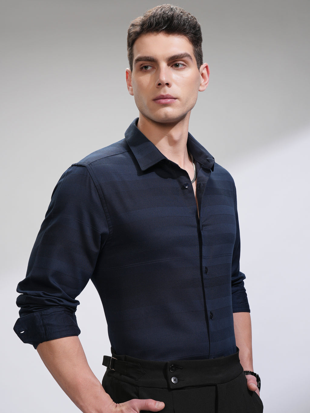 Highlander Men Navy Blue Striped Slim Fit Casual Shirt - Navy Blue - Image 6