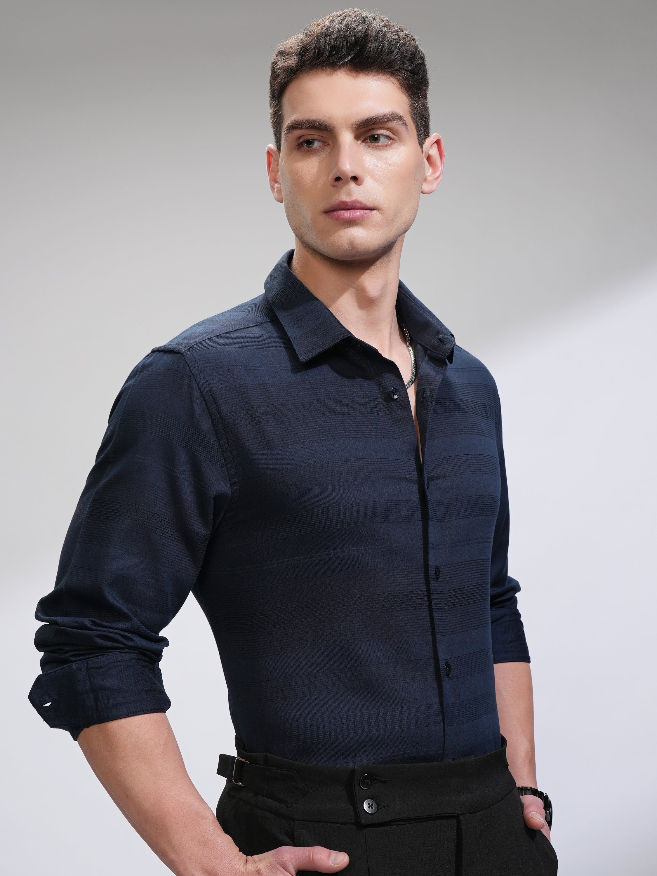 Highlander Men Navy Blue Striped Slim Fit Casual Shirt - Navy Blue - Image 6