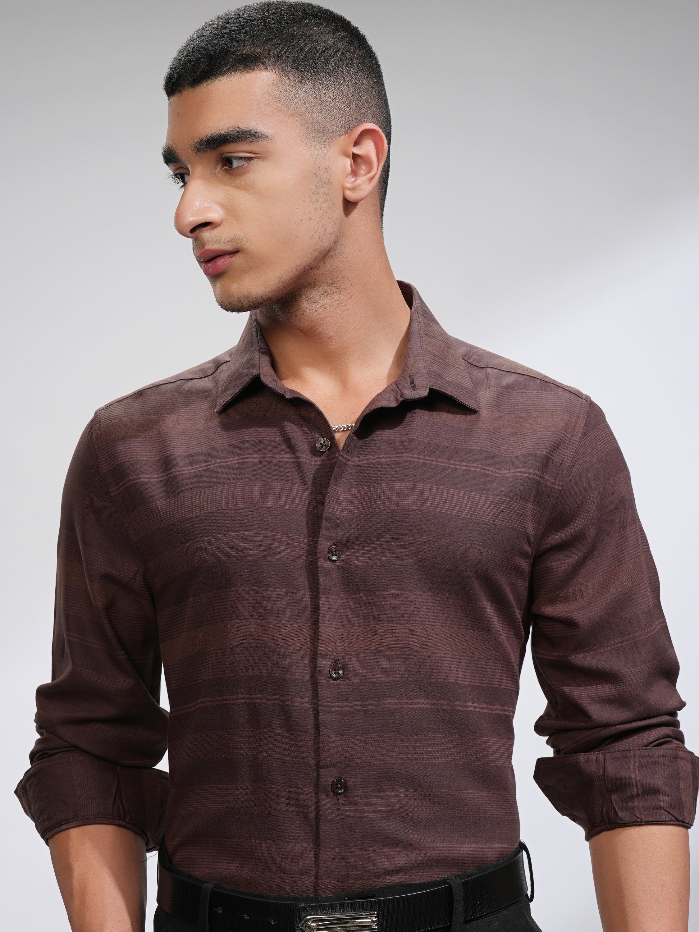 Highlander Men Coffee Brown Striped Slim Fit Casual Shirt - Coffee Brown - Image 1