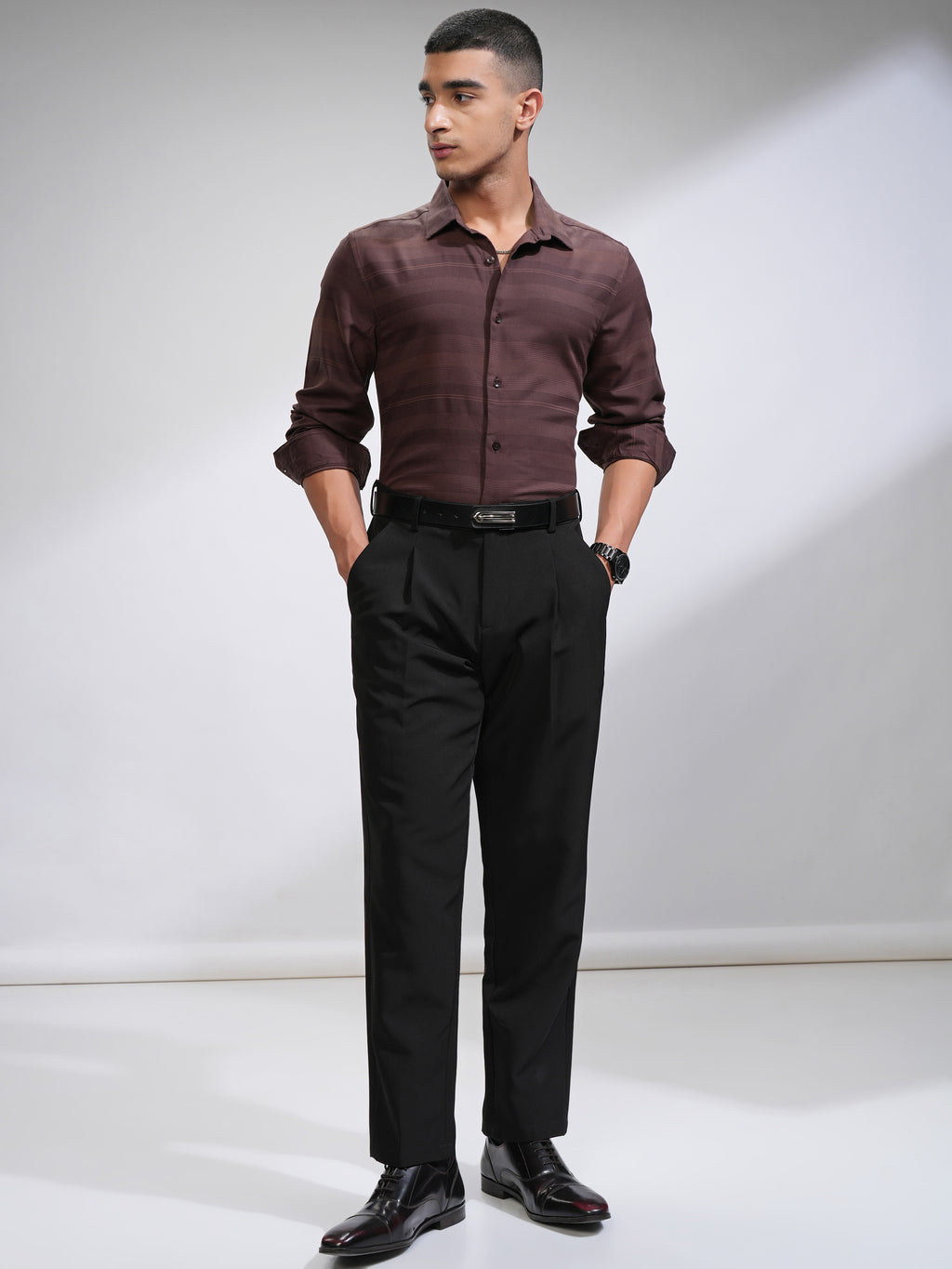 Highlander Men Coffee Brown Striped Slim Fit Casual Shirt - Coffee Brown - Image 2