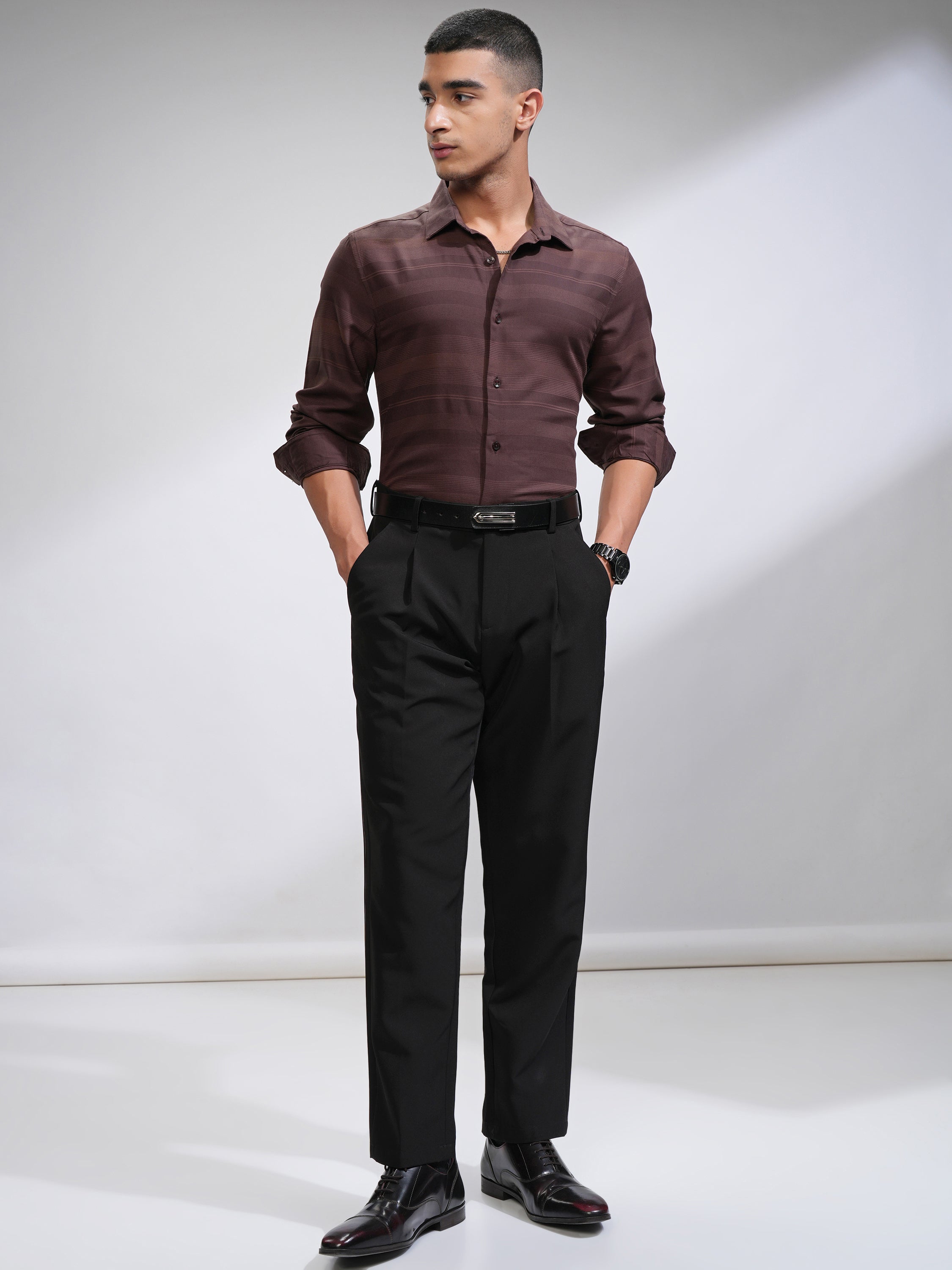 Highlander Men Coffee Brown Striped Slim Fit Casual Shirt - Coffee Brown - Image 2