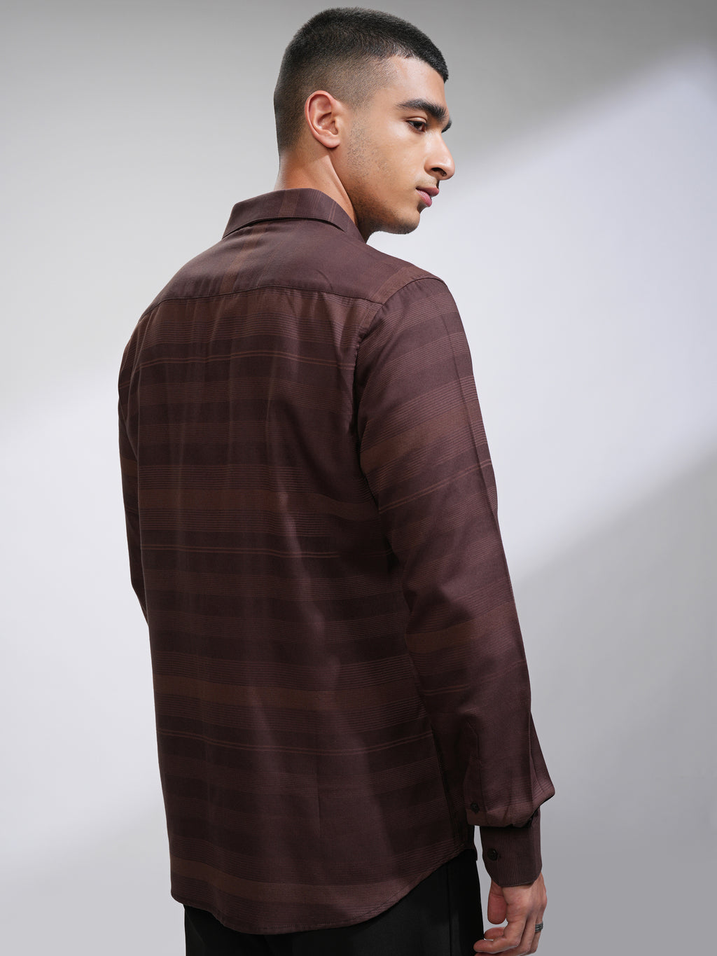 Highlander Men Coffee Brown Striped Slim Fit Casual Shirt - Coffee Brown - Image 3